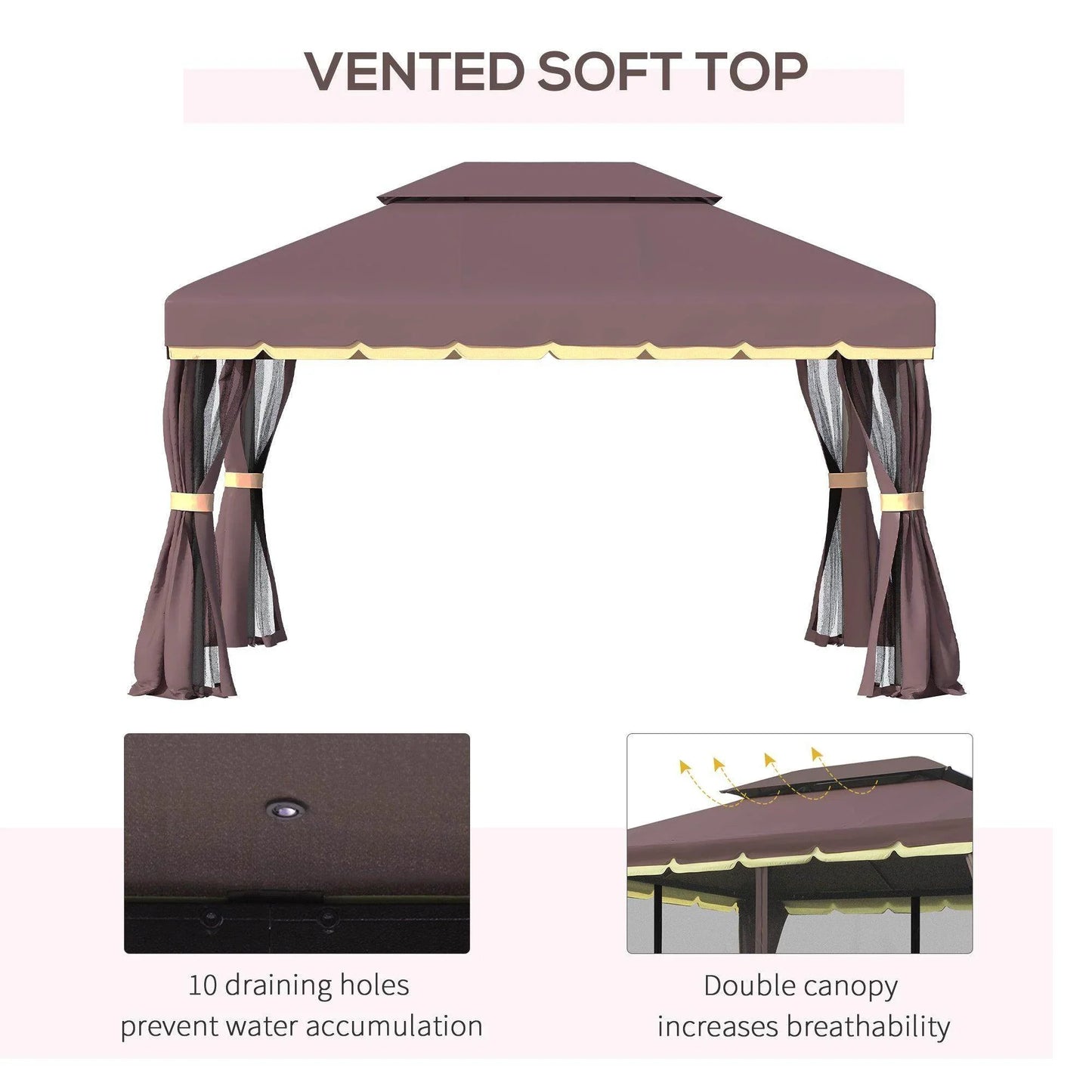 Outsunny 3x4m coffee-colored gazebo with vented soft top double canopy and mesh sidewalls, tied-back curtains