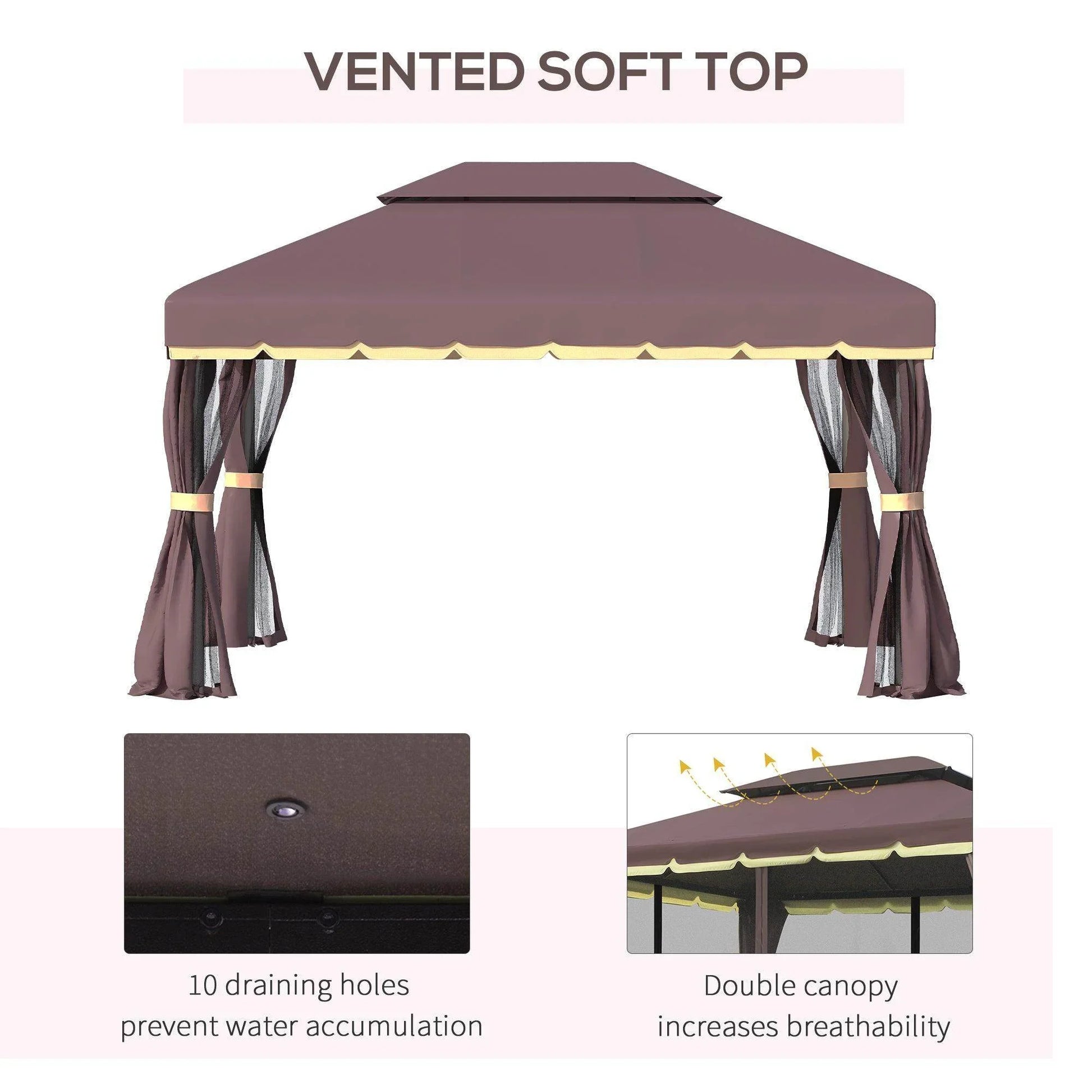 Outsunny 3x4m coffee-colored gazebo with vented soft top double canopy and mesh sidewalls, tied-back curtains
