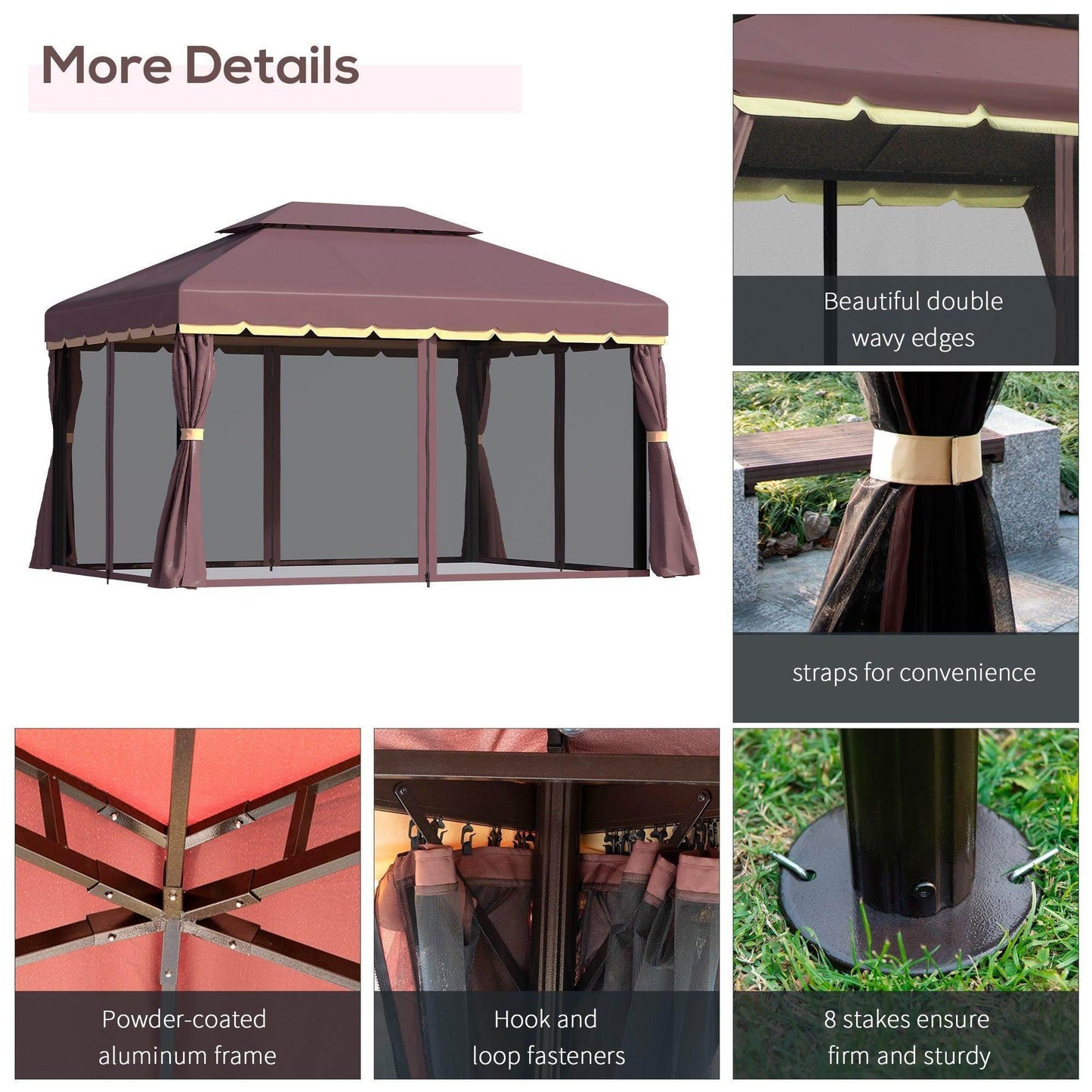 3x4m brown coffee gazebo with nets, sidewalls, powder-coated aluminum frame, straps, hooks, and stakes