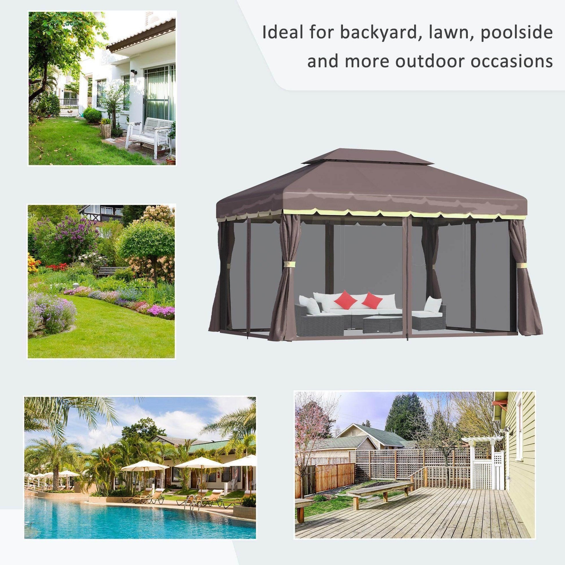 3x4m coffee-colored outdoor gazebo with nets and sidewalls, ideal for backyard and poolside seating