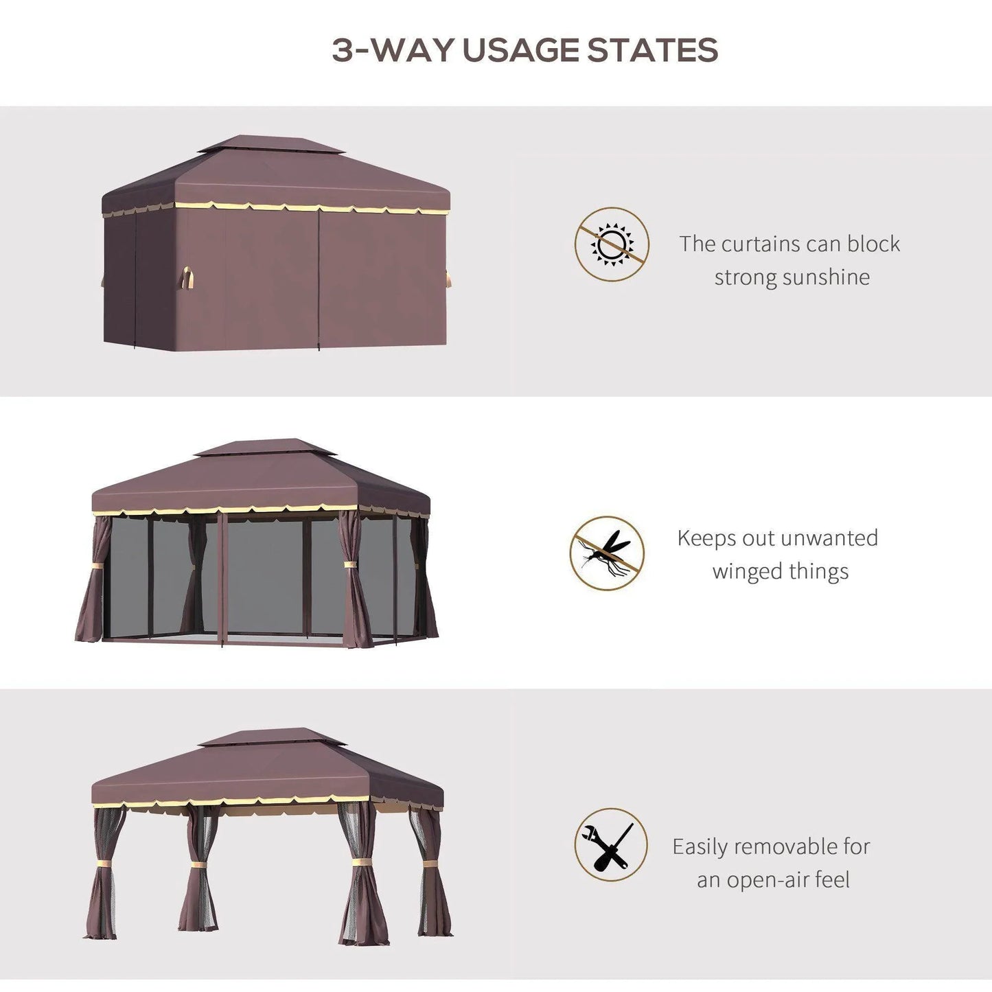 3-way usage states of outsunny coffee-colored garden gazebo with curtains, mosquito nets, and open-air setup