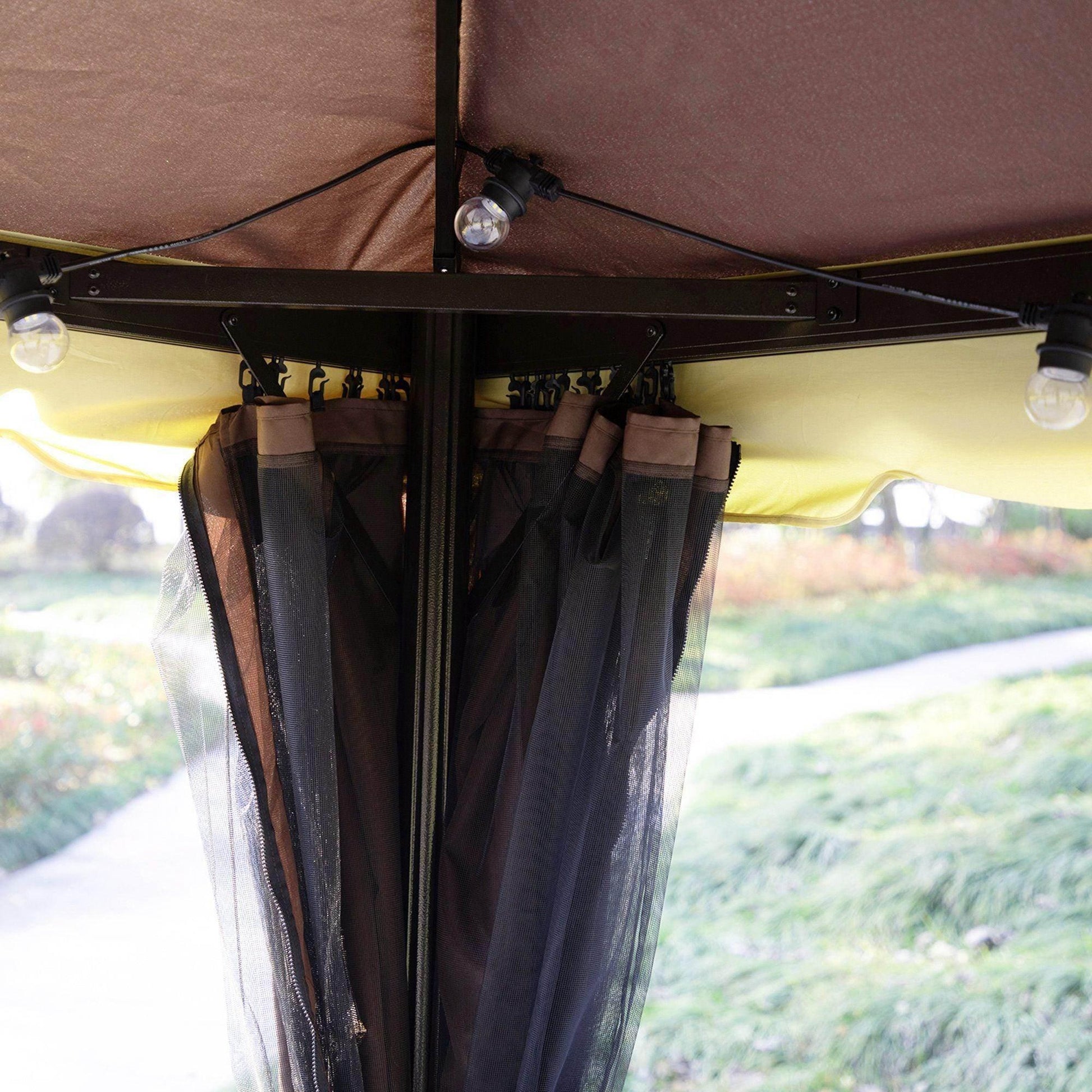 Close-up of Outsunny 3x4m coffee brown gazebo corner with folded mesh nets and sidewalls under canopy