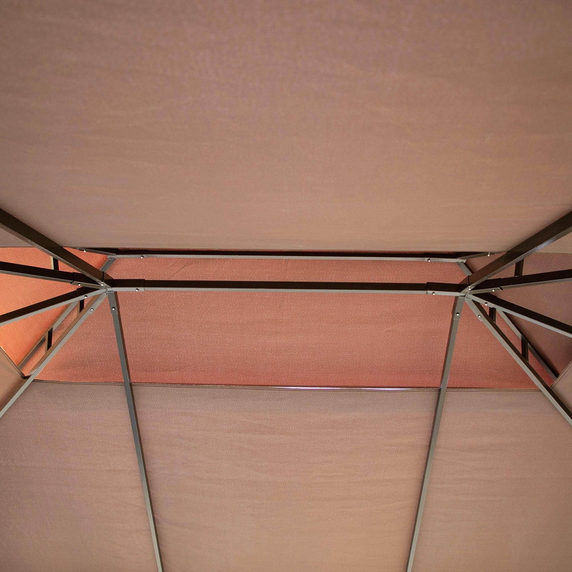 Underside view of Outsunny 3x4m coffee-colored garden gazebo metal frame with nets and sidewalls