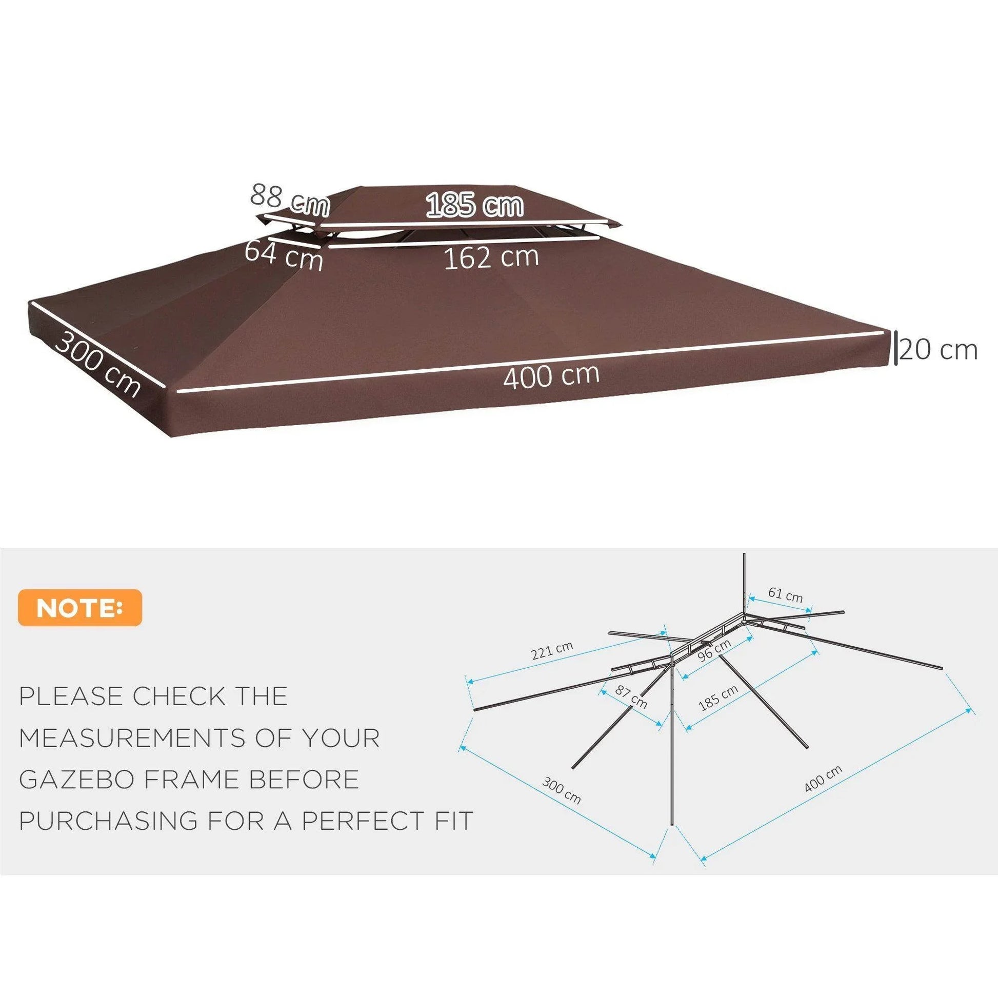 Brown Outsunny 3x4m gazebo replacement roof canopy with 2-tier design and detailed dimensions