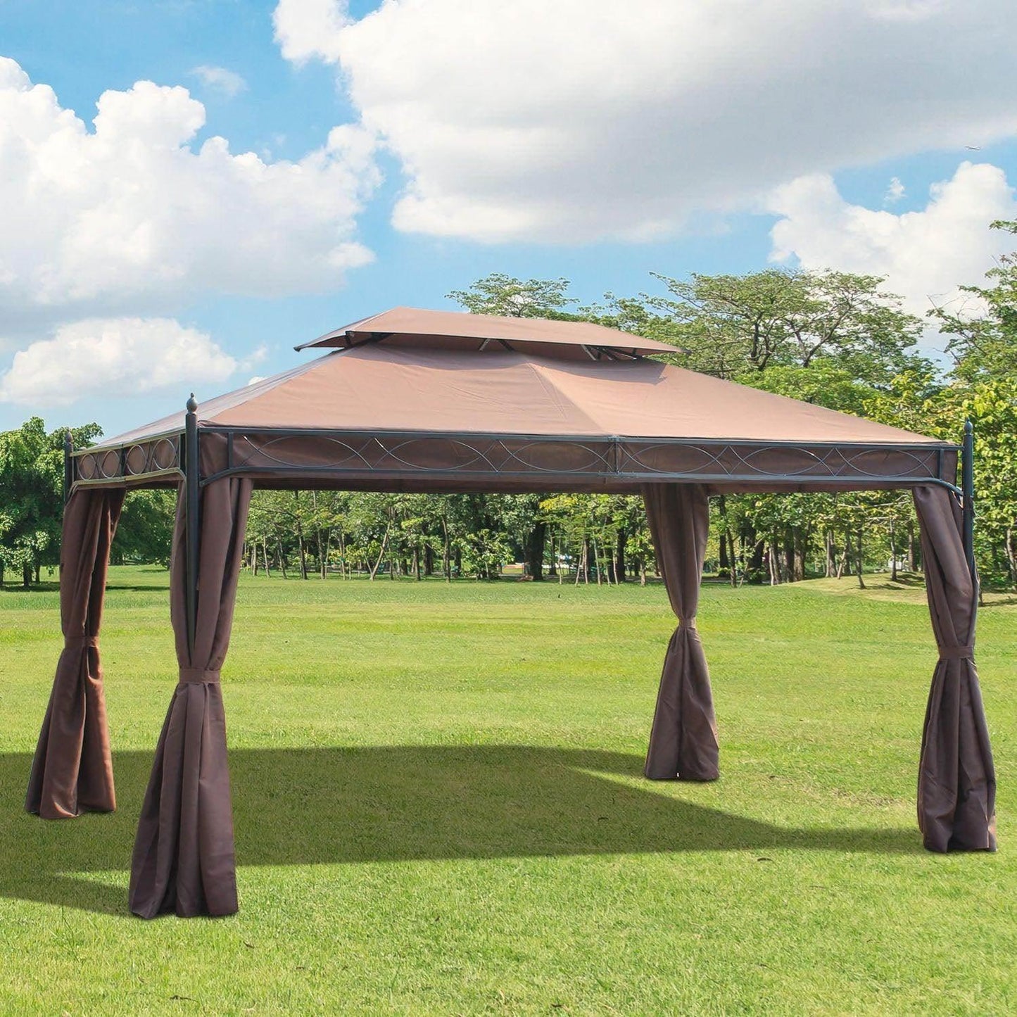 3x4m metal gazebo with brown fabric sidewalls tied at the corners on green lawn under blue sky