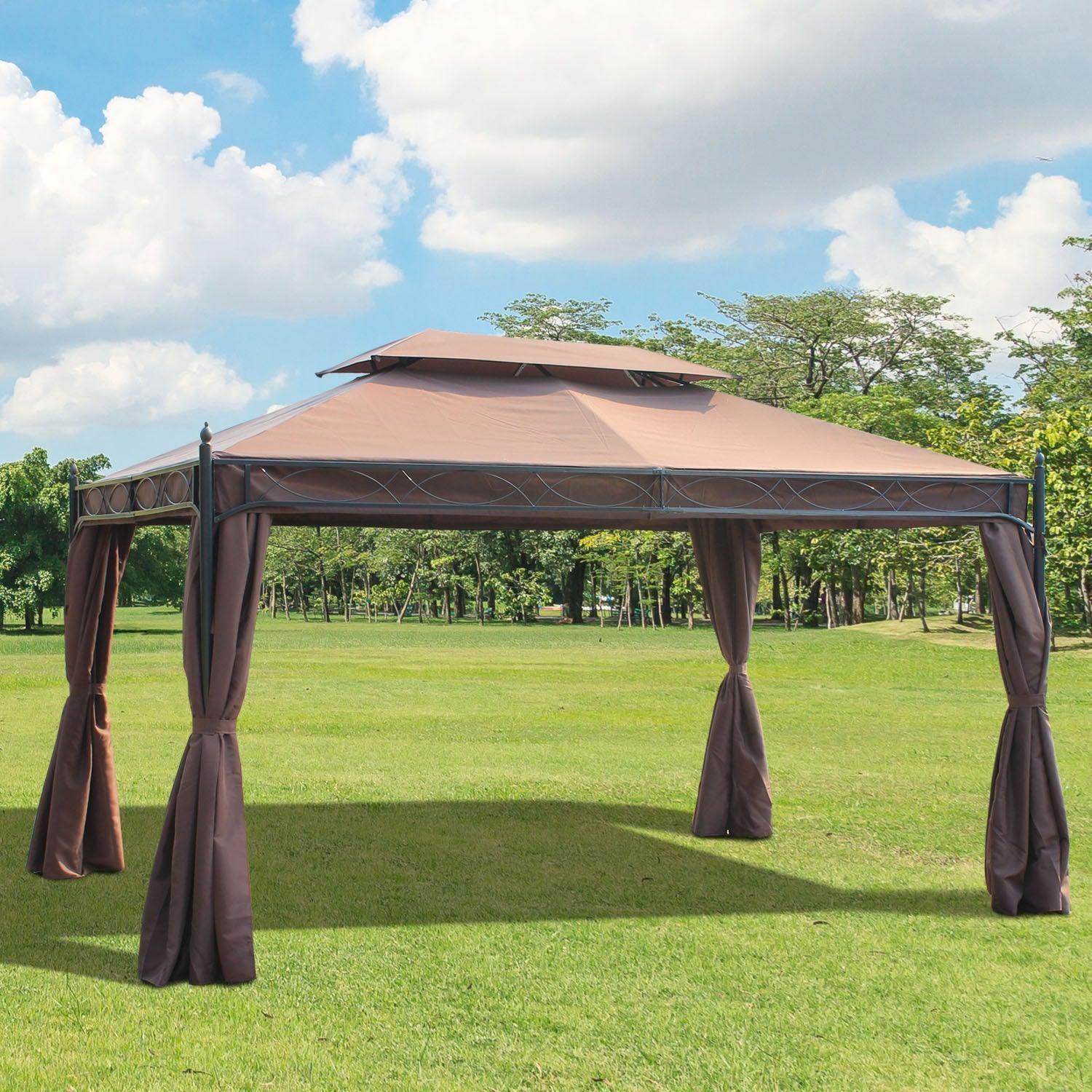 3x4m metal gazebo with brown fabric sidewalls tied at the corners on green lawn under blue sky