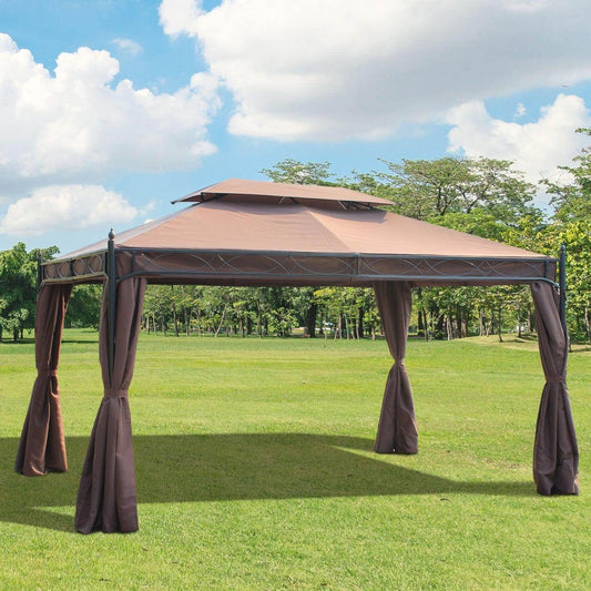3x4m metal gazebo with brown fabric sidewalls tied at the corners on green lawn under blue sky