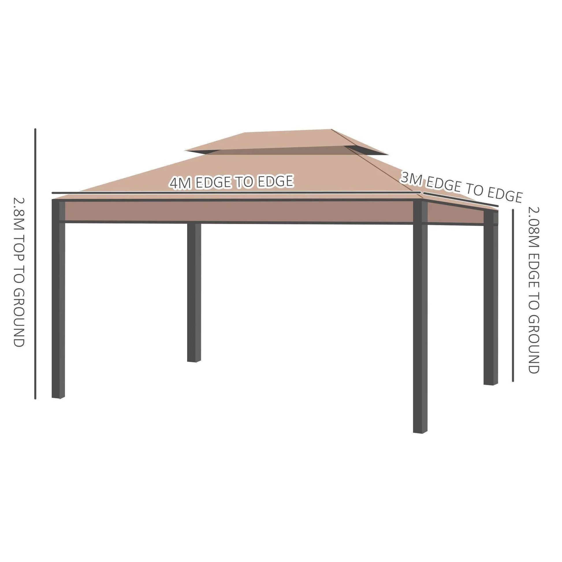 3x4m Outsunny metal gazebo with brown canopy and sidewalls, dimensions 4m by 3m edge to edge