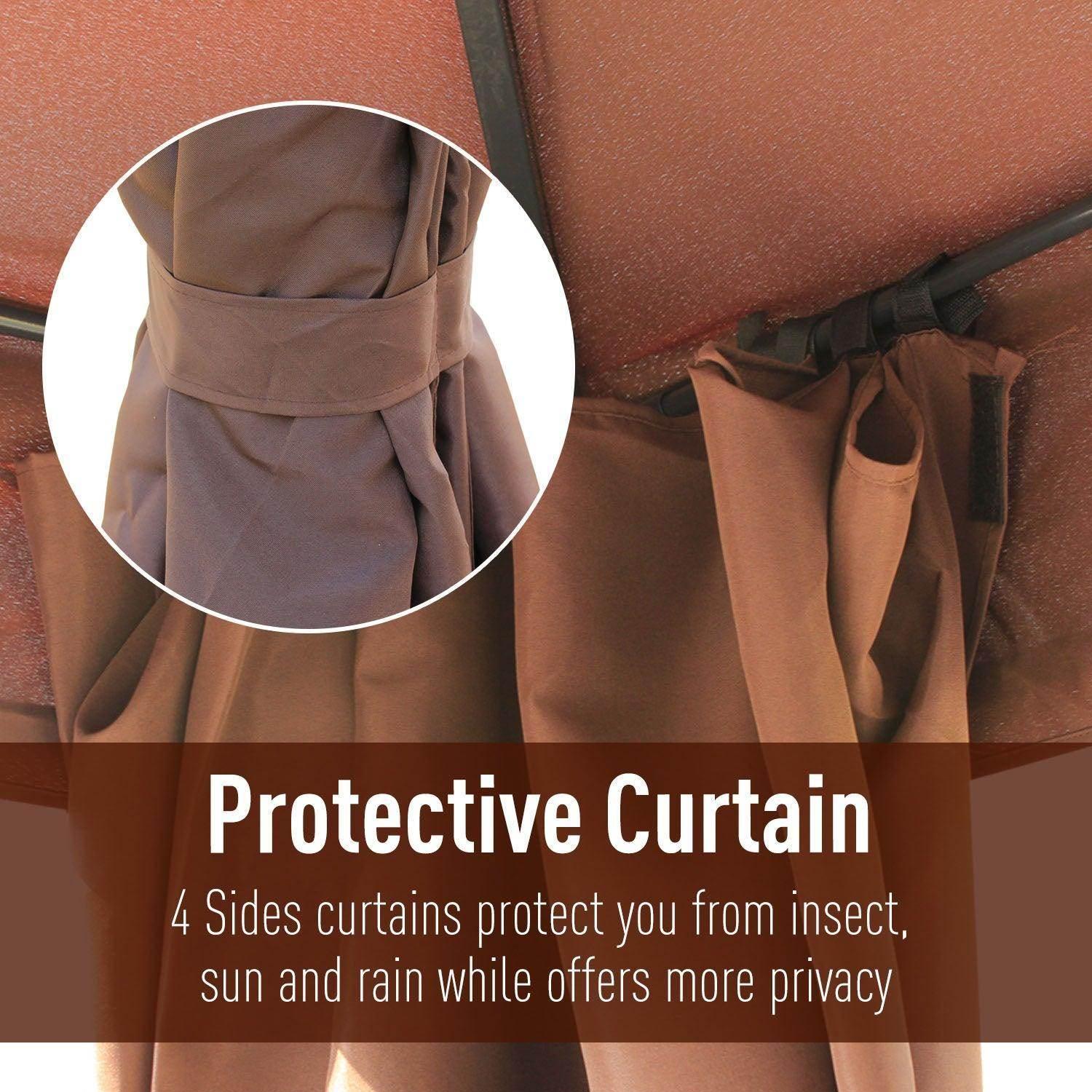 Close-up of brown protective curtains with tie straps on a metal gazebo offering insect, sun, and rain protection