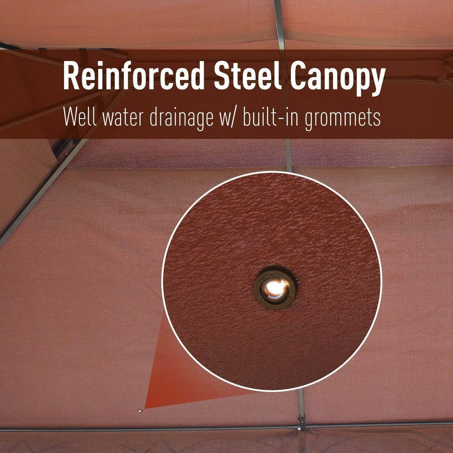 Reinforced steel canopy roof with built-in grommets for water drainage on outdoor gazebo