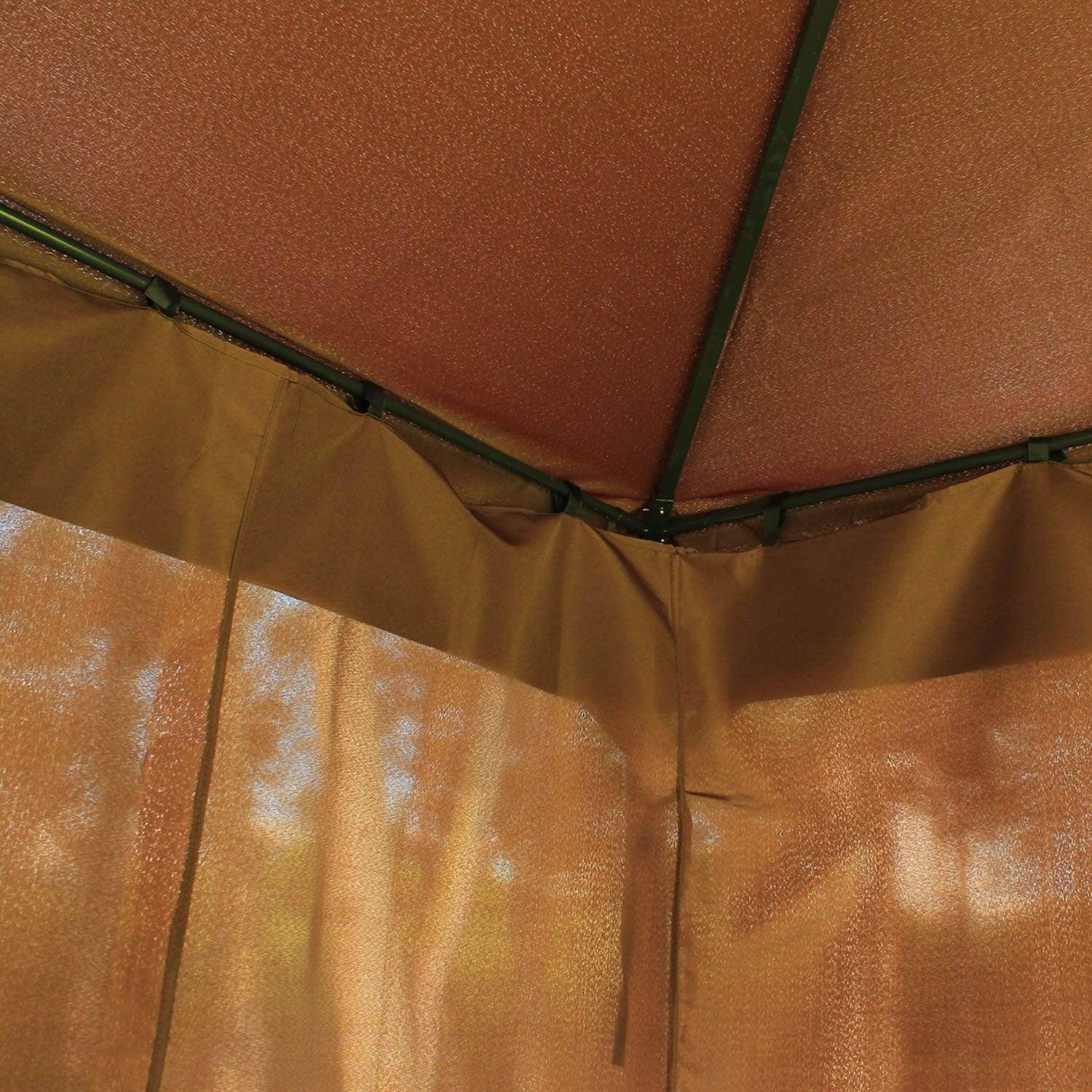 Interior corner view of brown 3x4m metal gazebo with fabric sidewalls from All4U Retailer Ltd