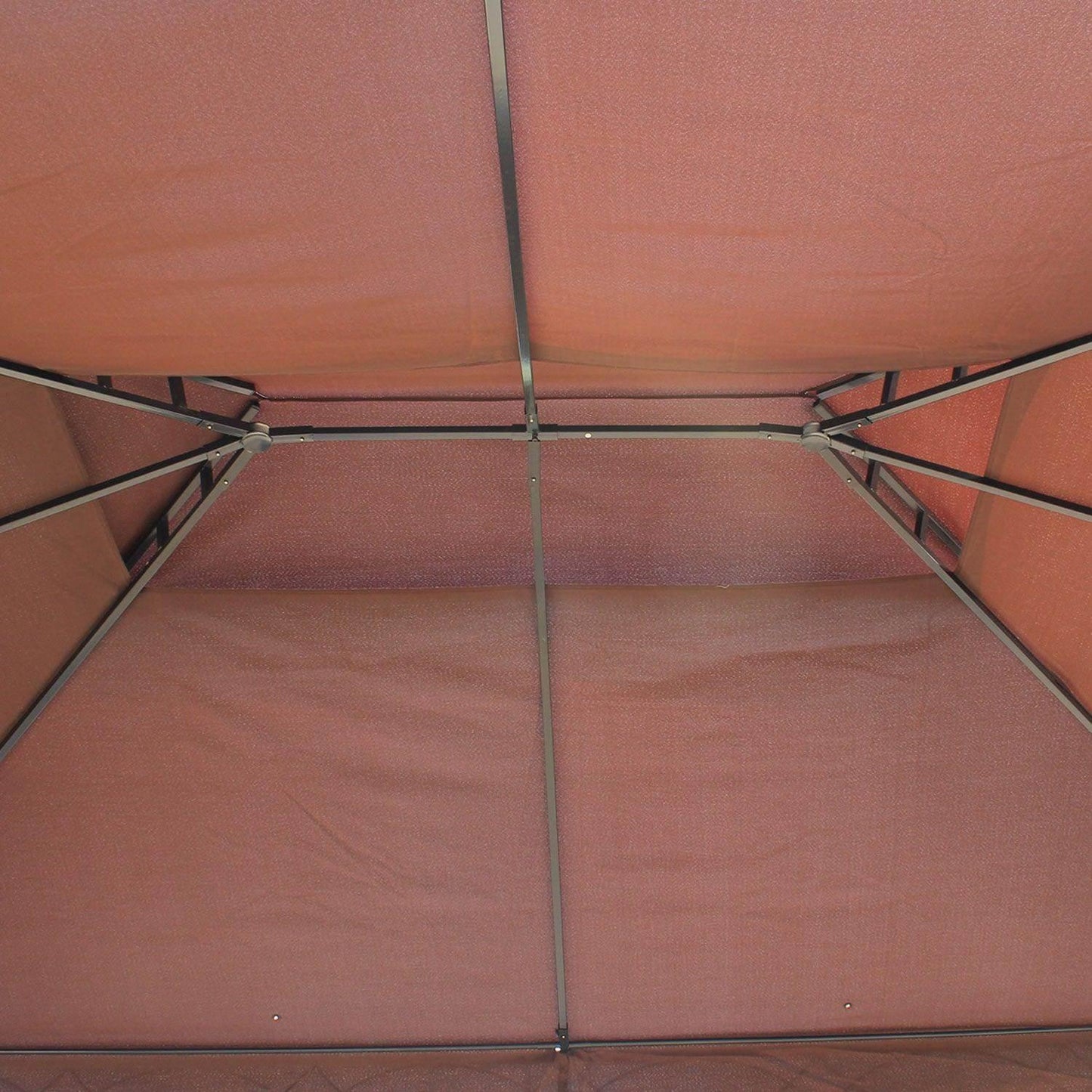 Interior view of a brown Outsunny 3x4m metal gazebo roof with sidewalls, metal frame support