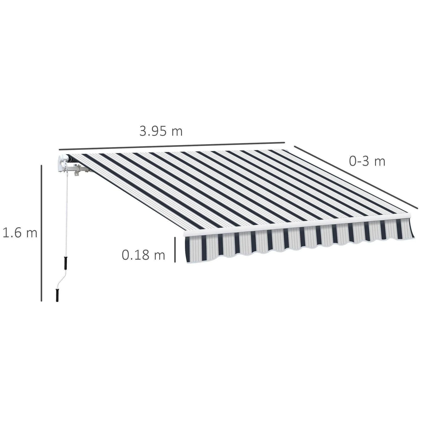 Blue and white striped manual retractable awning, 4x3m, with dimensions labeled, for home or garden