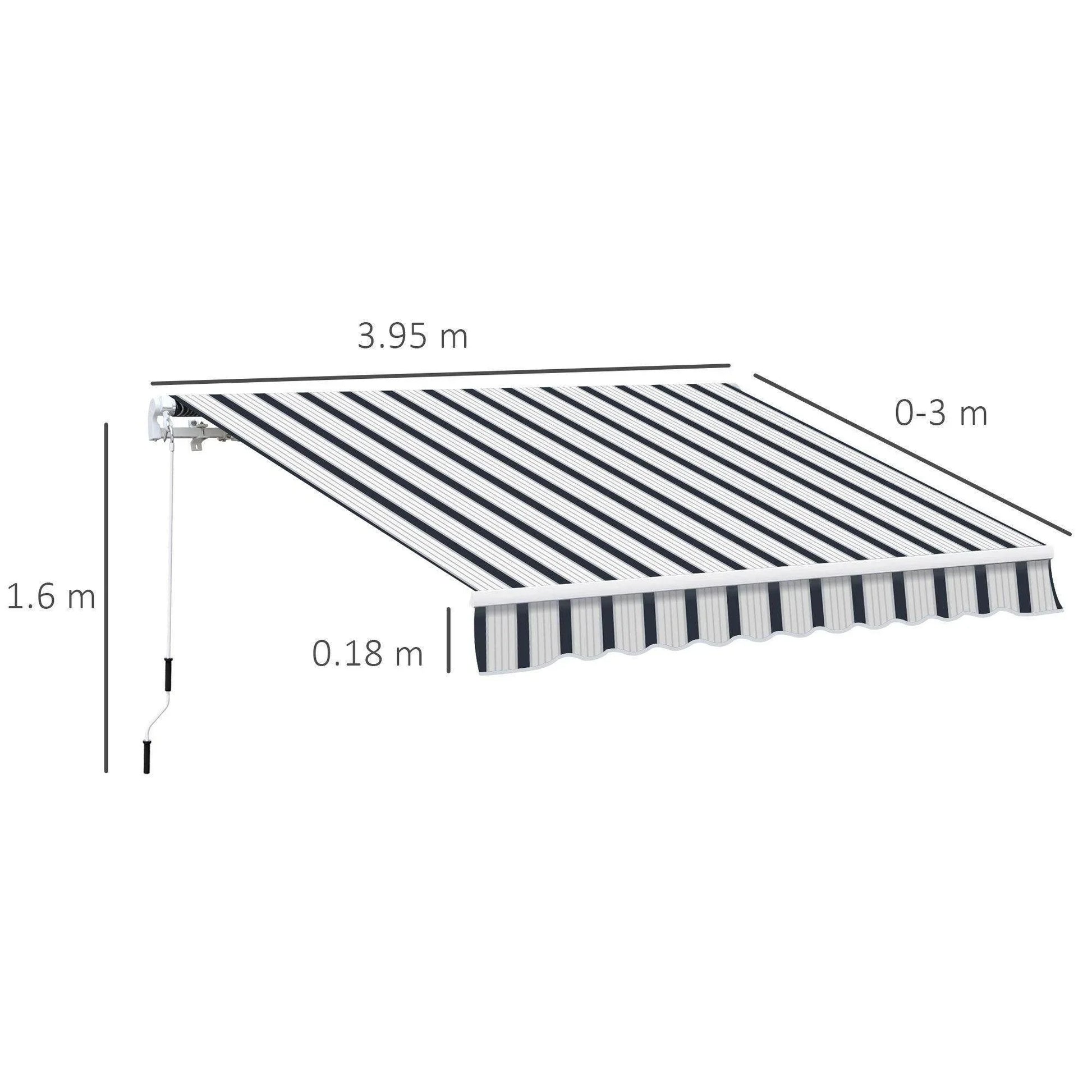 Blue and white striped manual retractable awning, 4x3m, with dimensions labeled, for home or garden