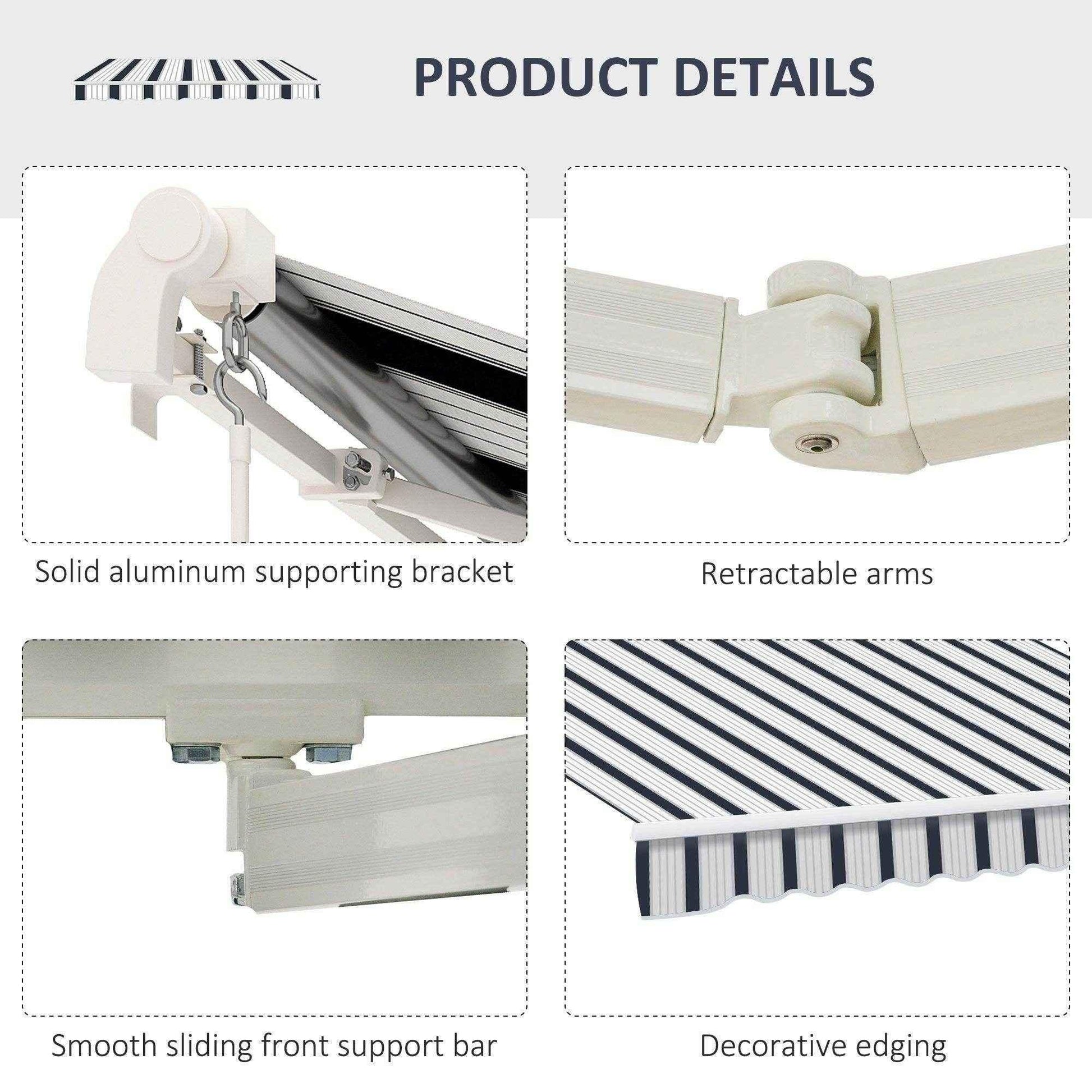 Blue and white striped retractable awning product details, aluminum bracket and edging, ALL4U RETAILER LTD