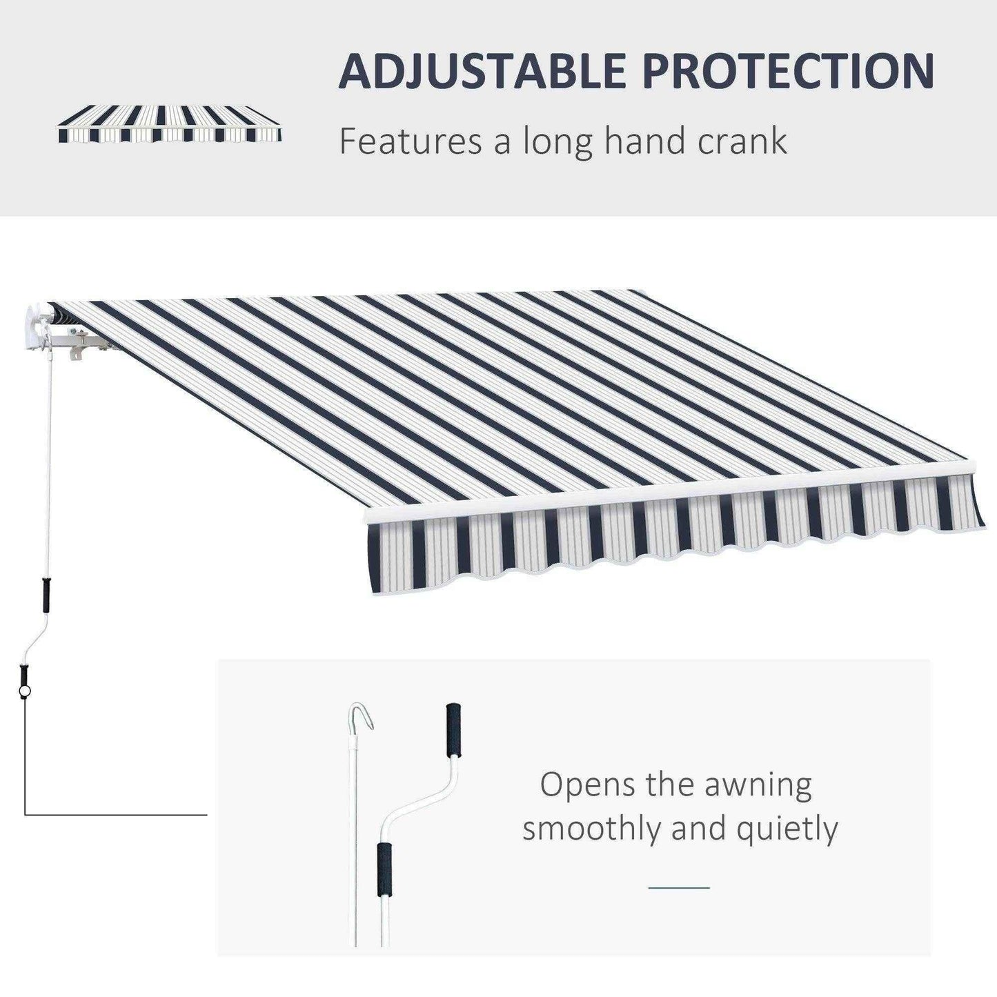Blue and white striped manual retractable awning with adjustable hand crank for patios