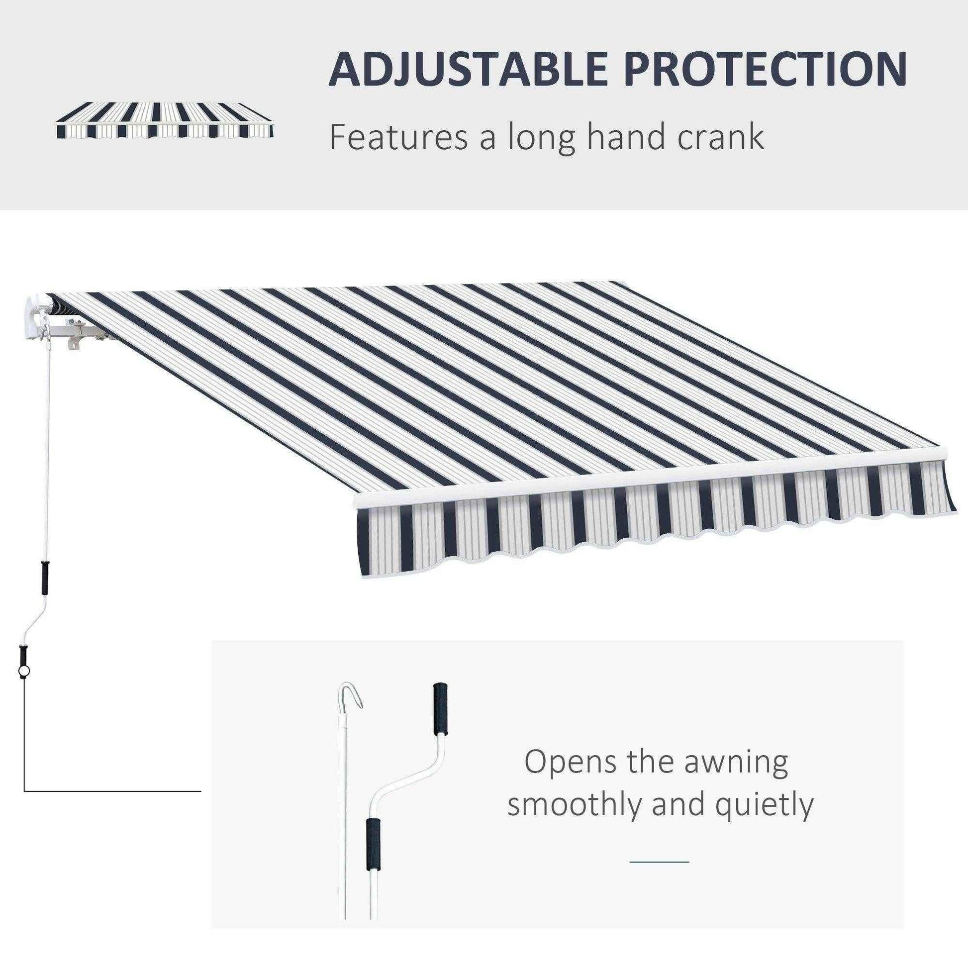 Blue and white striped manual retractable awning with adjustable hand crank for patios