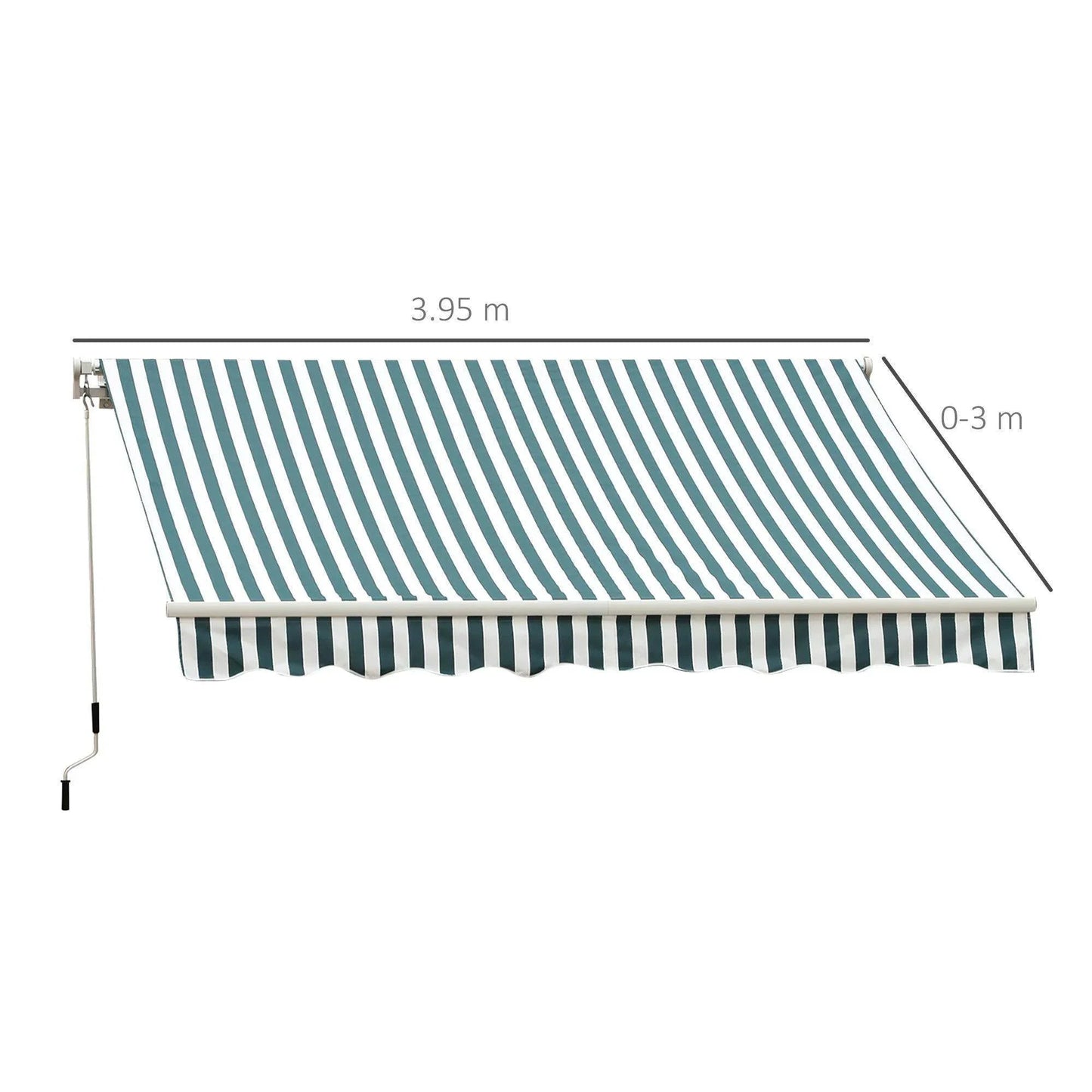 Green and white manual retractable awning with stripes, 3.95m wide, outdoor home garden shade