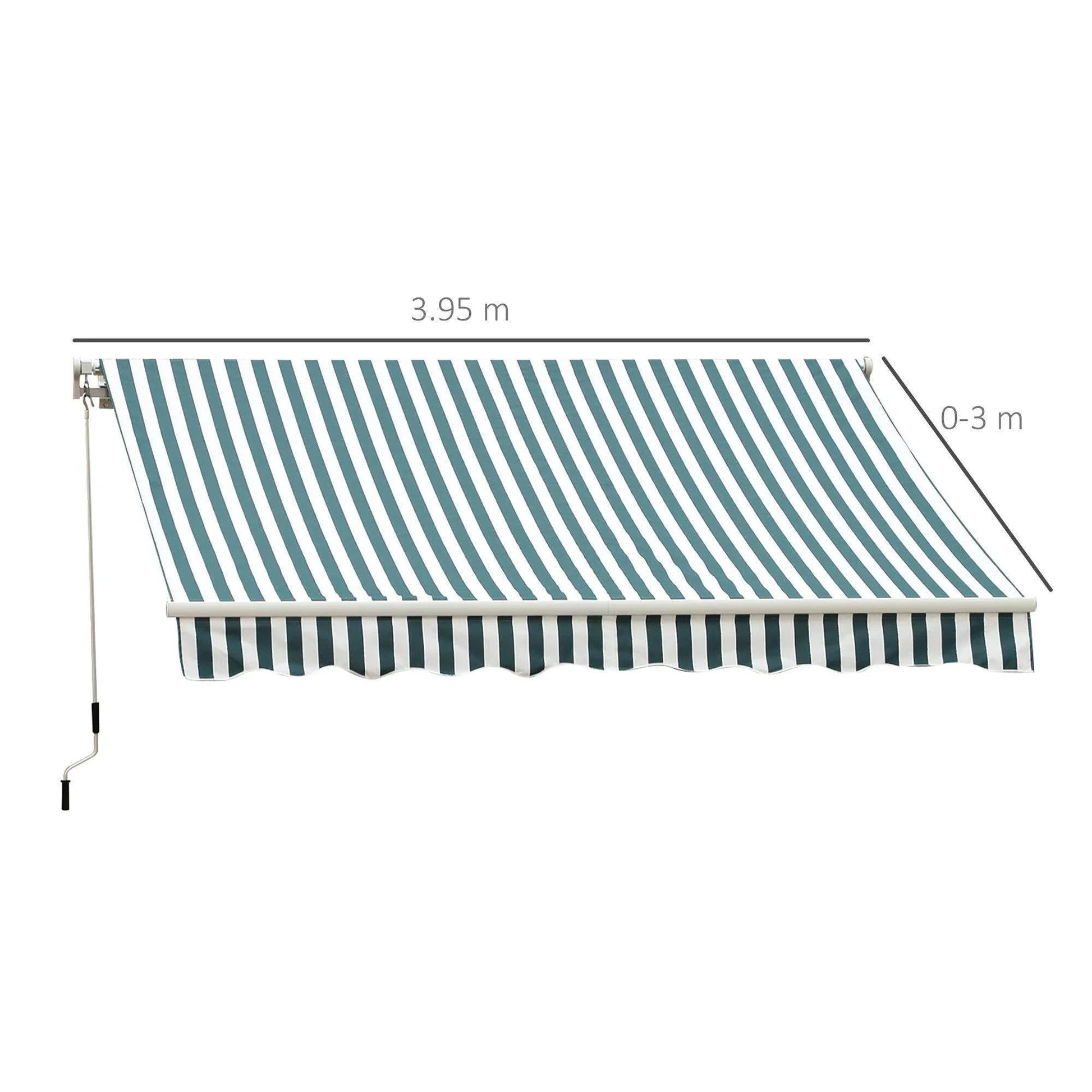 Green and white manual retractable awning with stripes, 3.95m wide, outdoor home garden shade
