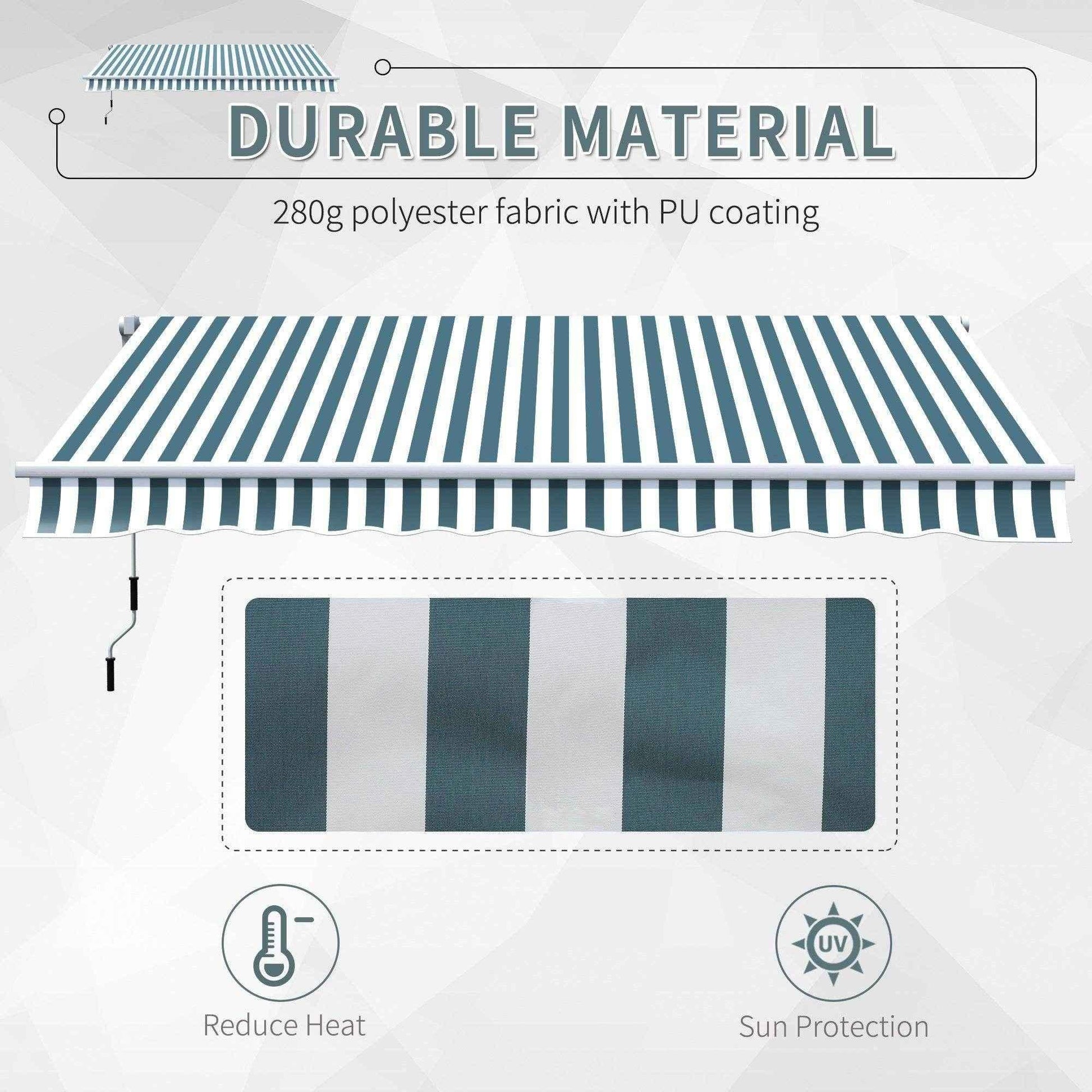 Green and white striped manual retractable awning with durable polyester fabric, ALL4U RETAILER LTD garden shade.