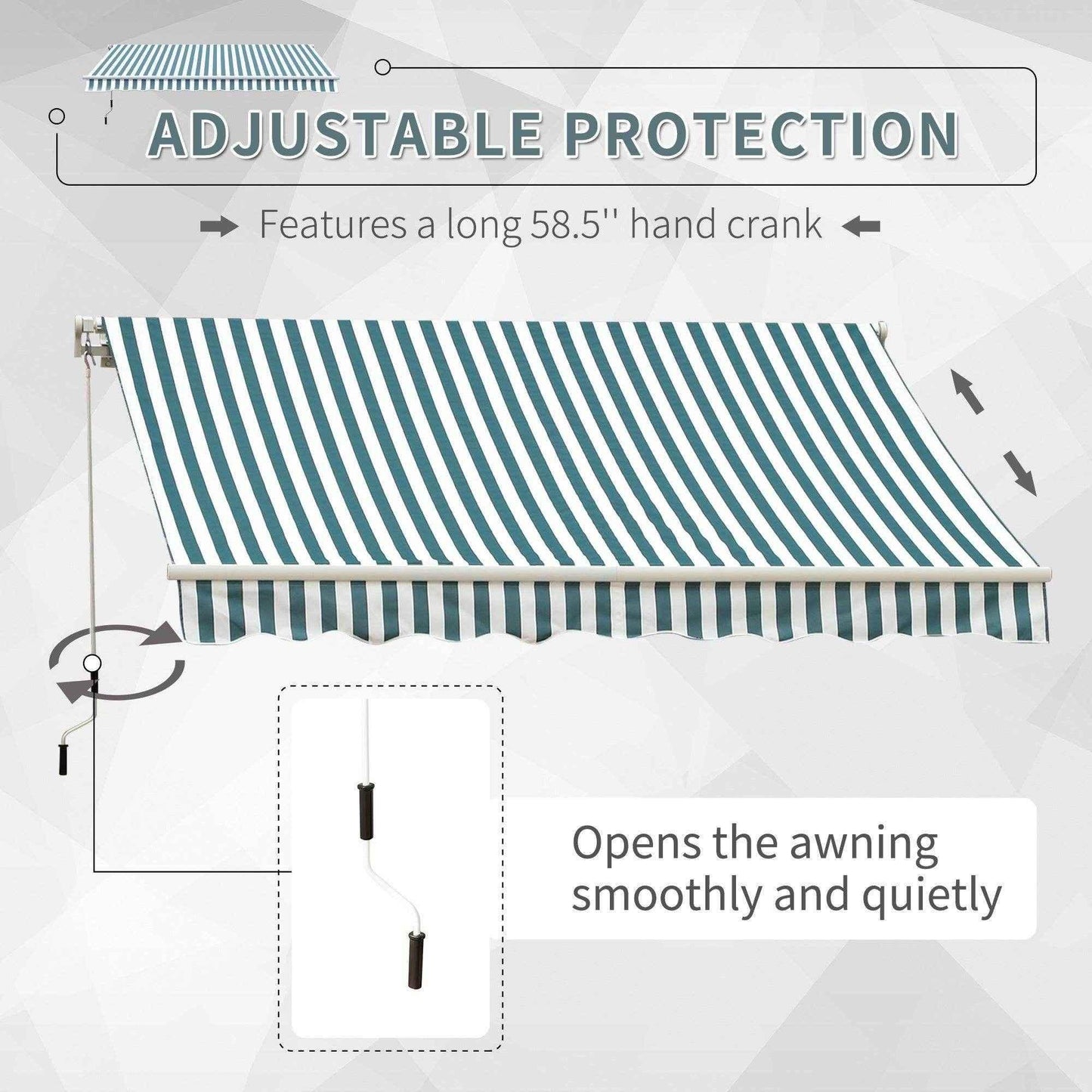 Green and white striped manual retractable awning with hand crank for home and garden