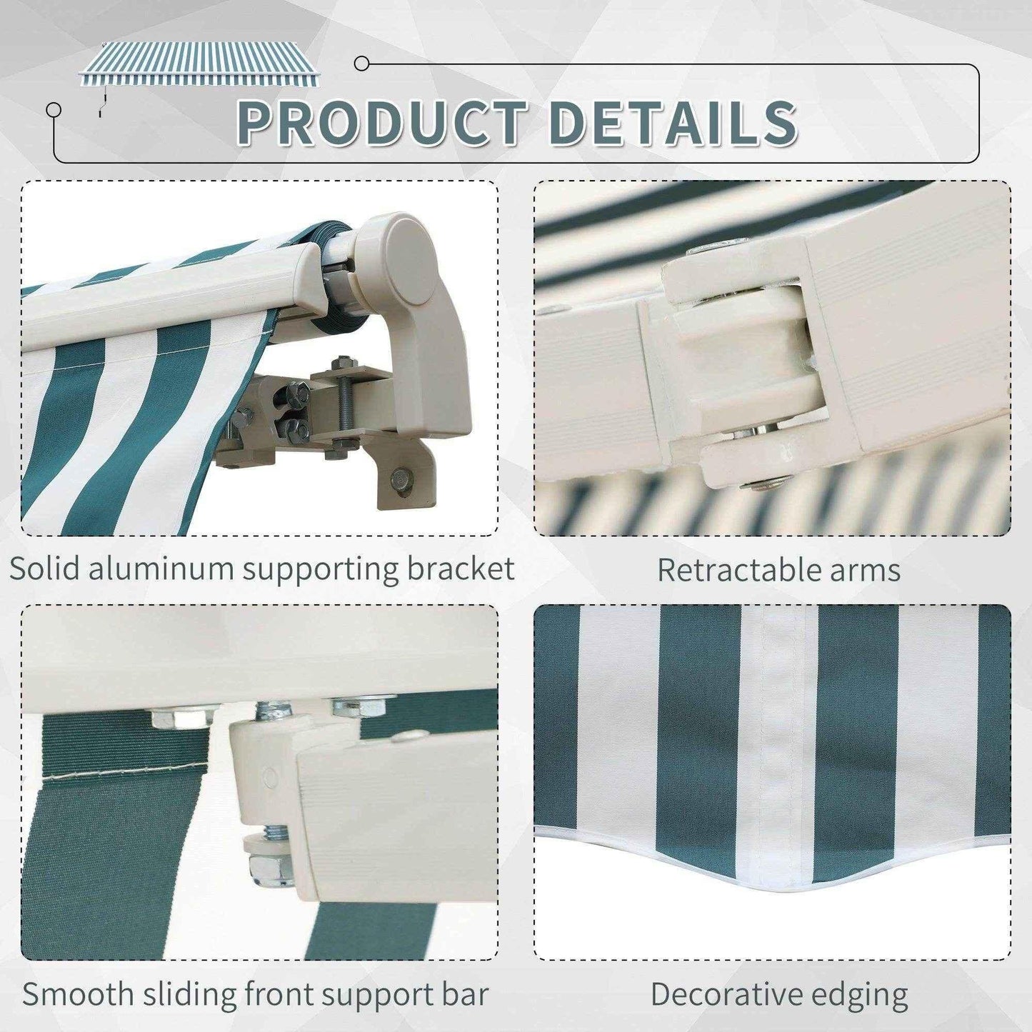 Green and white striped retractable awning details with aluminum bracket and decorative edging