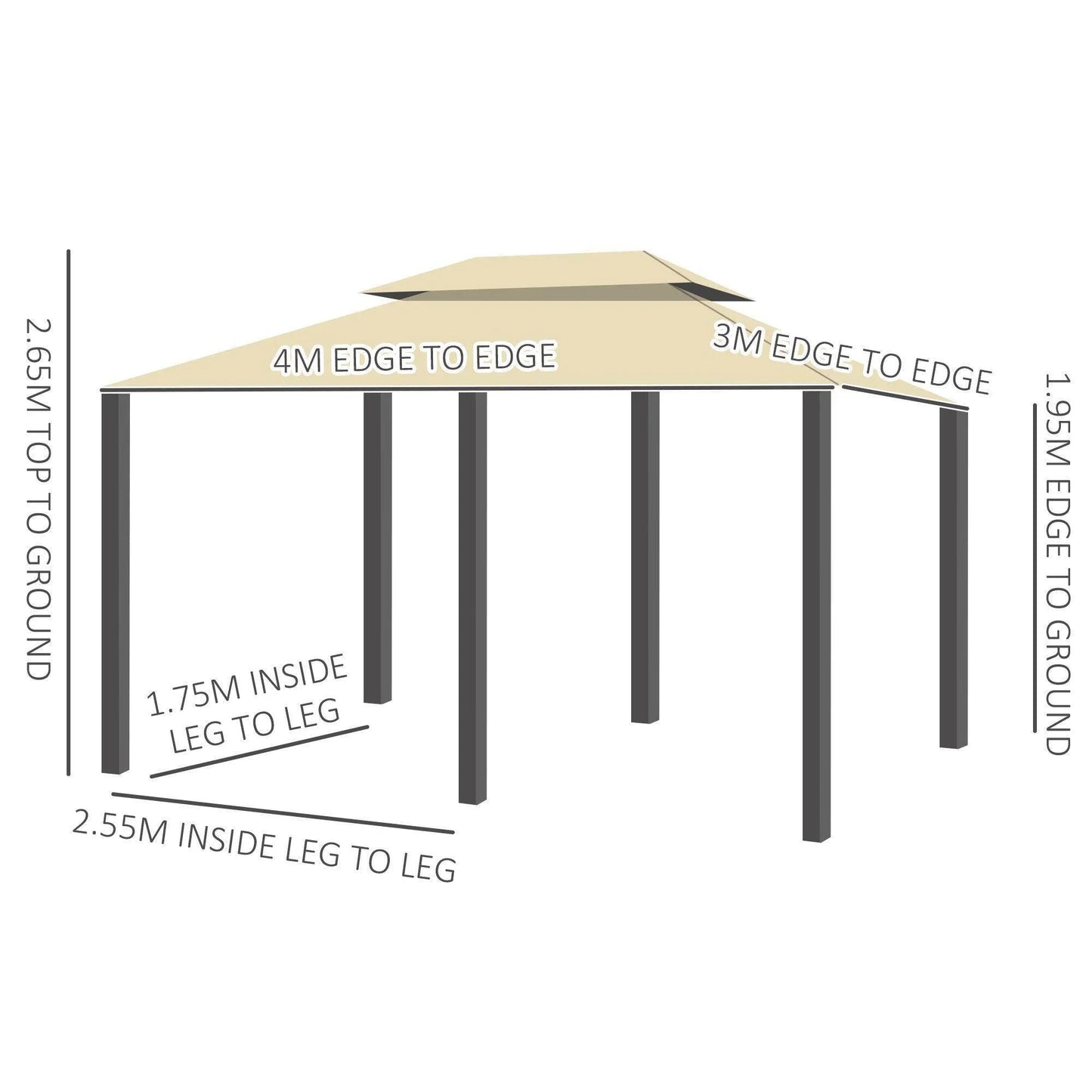 4m x 3m beige metal gazebo with detailed measurements for height and leg spacing