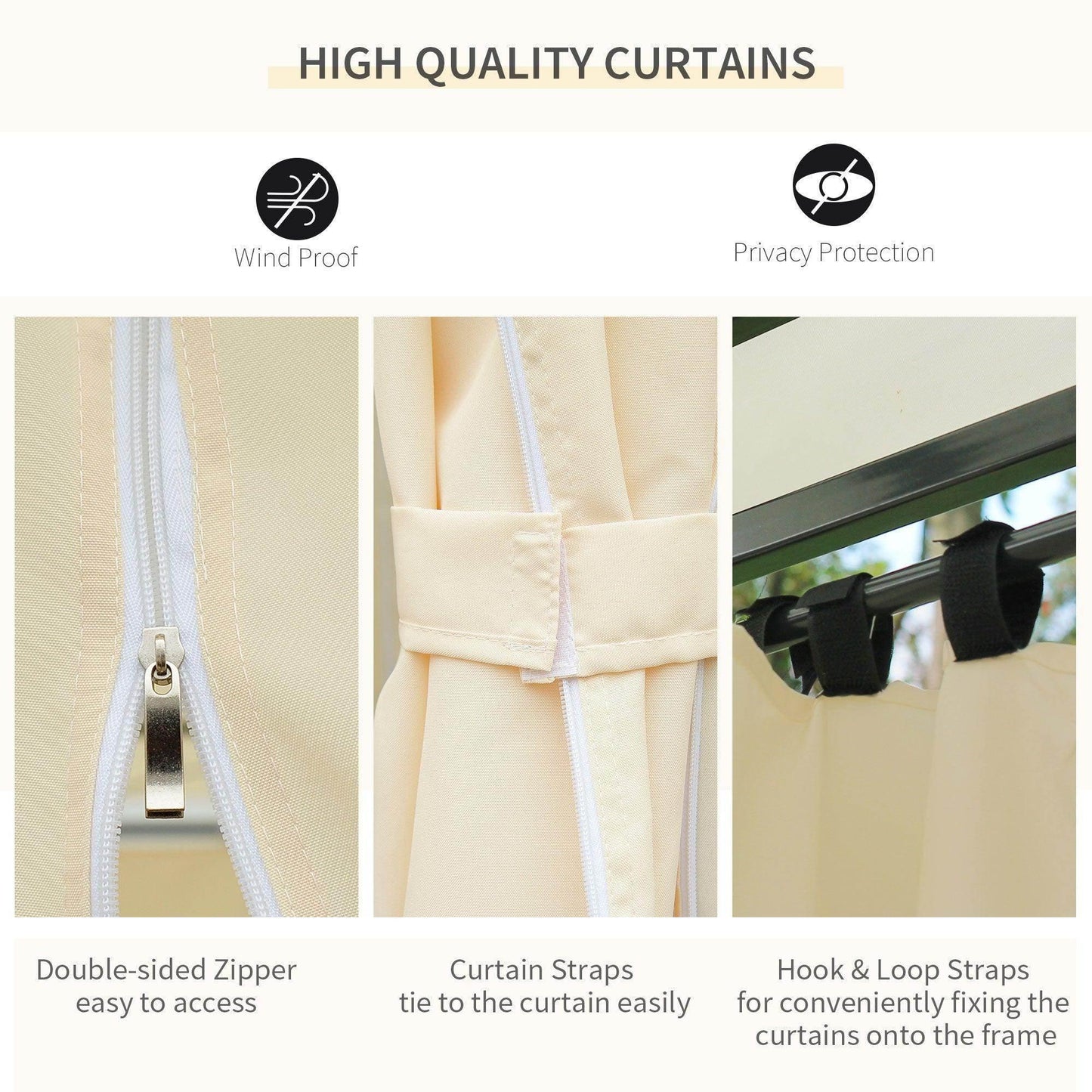 Beige high quality outdoor curtains with double-sided zipper, tie straps, and hook & loop straps on metal frame