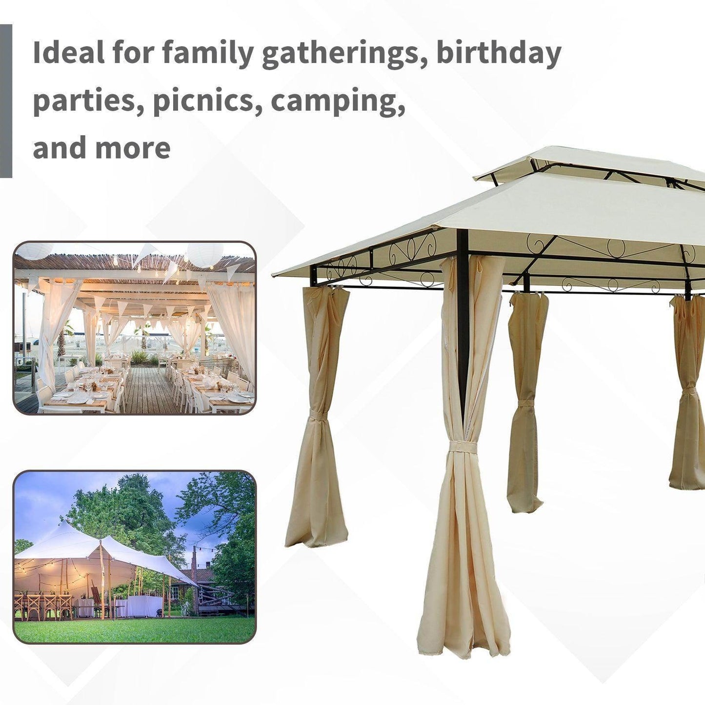 Beige 4x3m metal gazebo with tied curtains, ideal for family gatherings, picnics, and camping