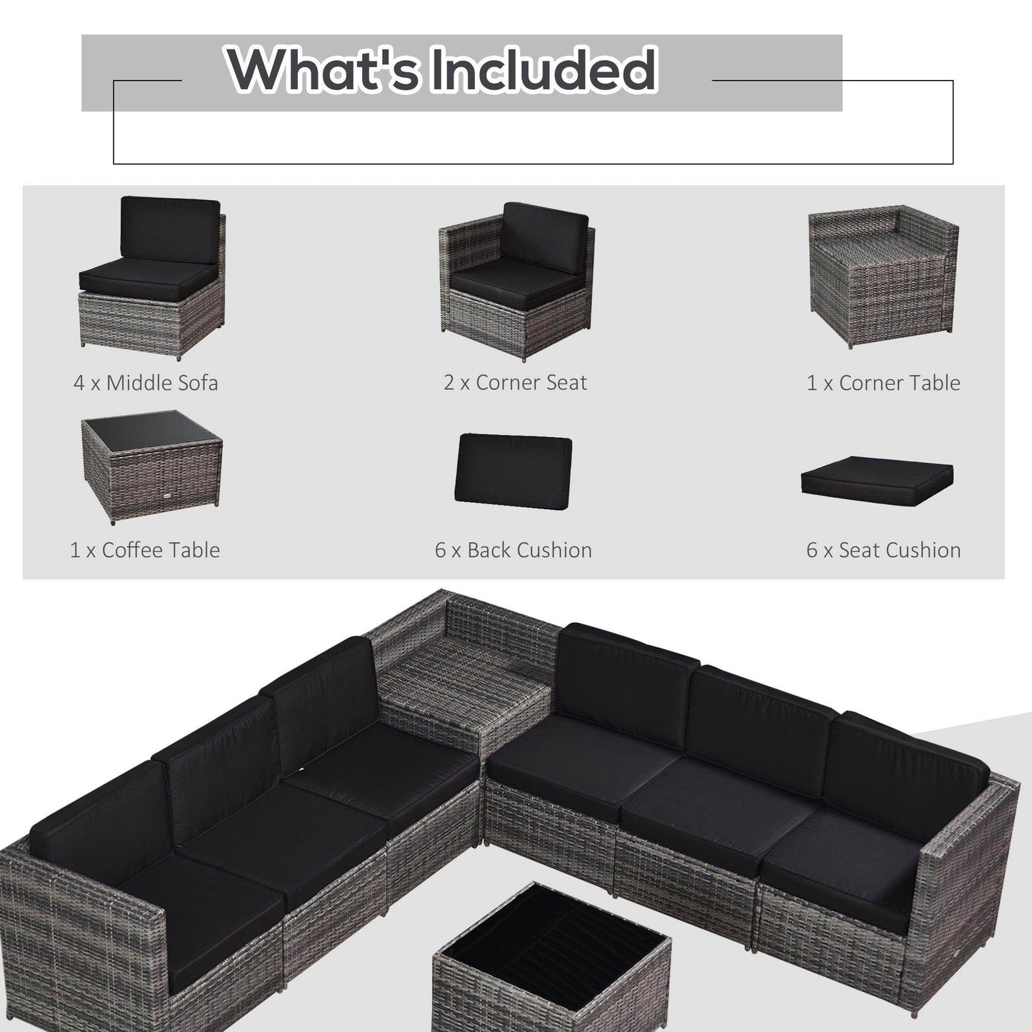 Outsunny 6 Seater Outdoor Rattan Sofa Set - Grey - ALL4U RETAILER LTD