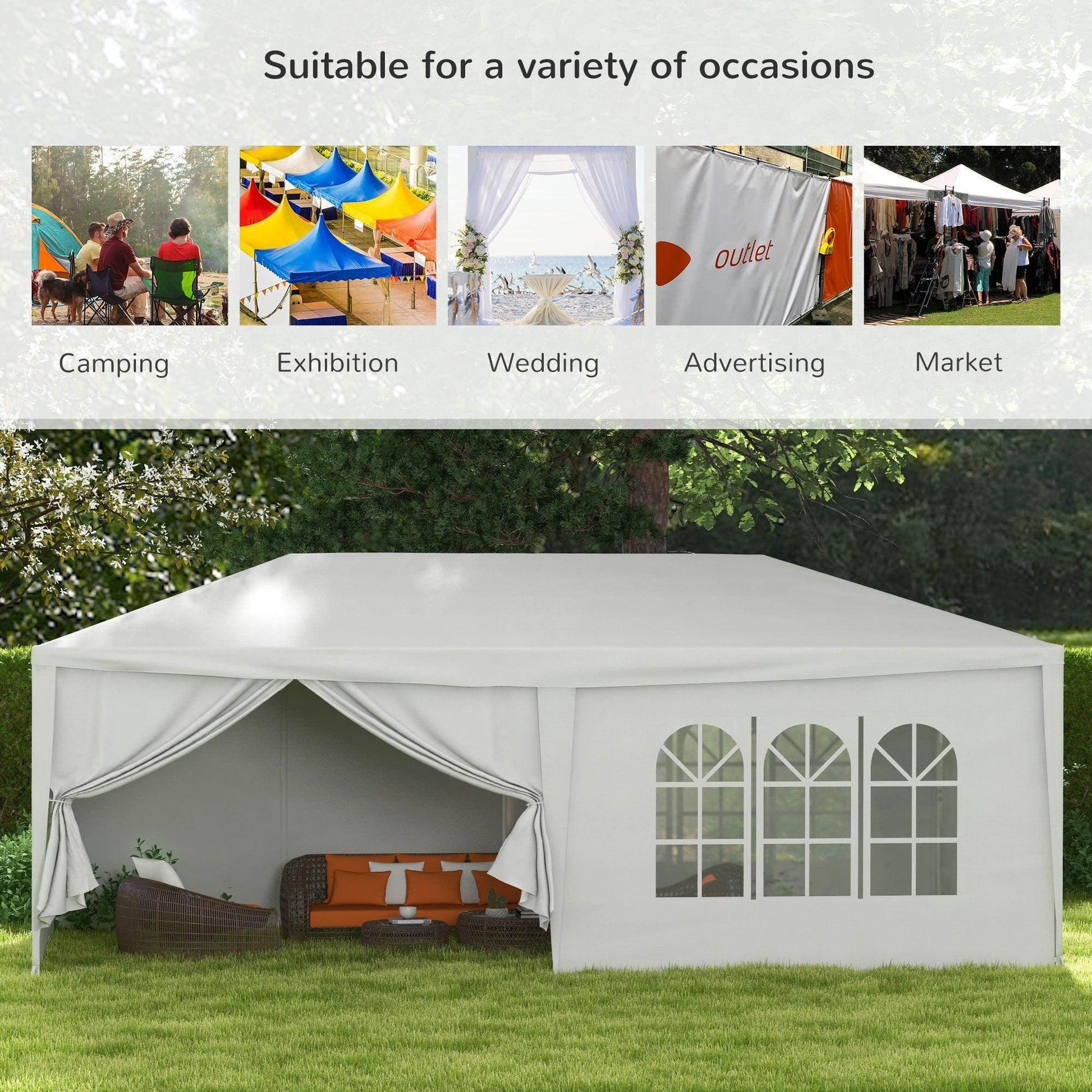 Outsunny 6 x 3 m Party Tent Wedding Gazebo Outdoor Waterproof PE Canopy Shade with 6 Removable Side Walls - ALL4U RETAILER LTD