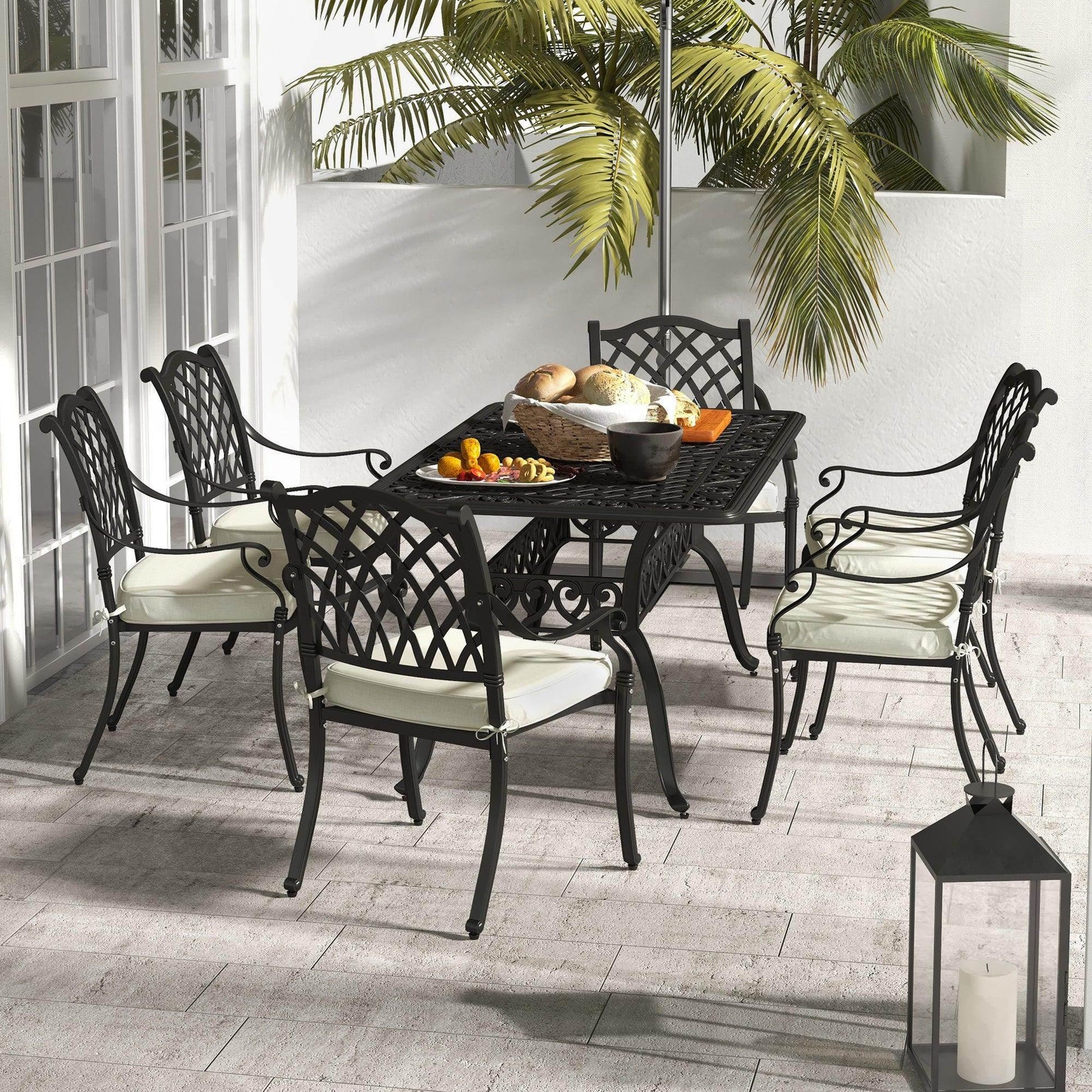 Outsunny 7 Pieces Aluminium Patio Dining Set with Umbrella Hole Black - ALL4U RETAILER LTD