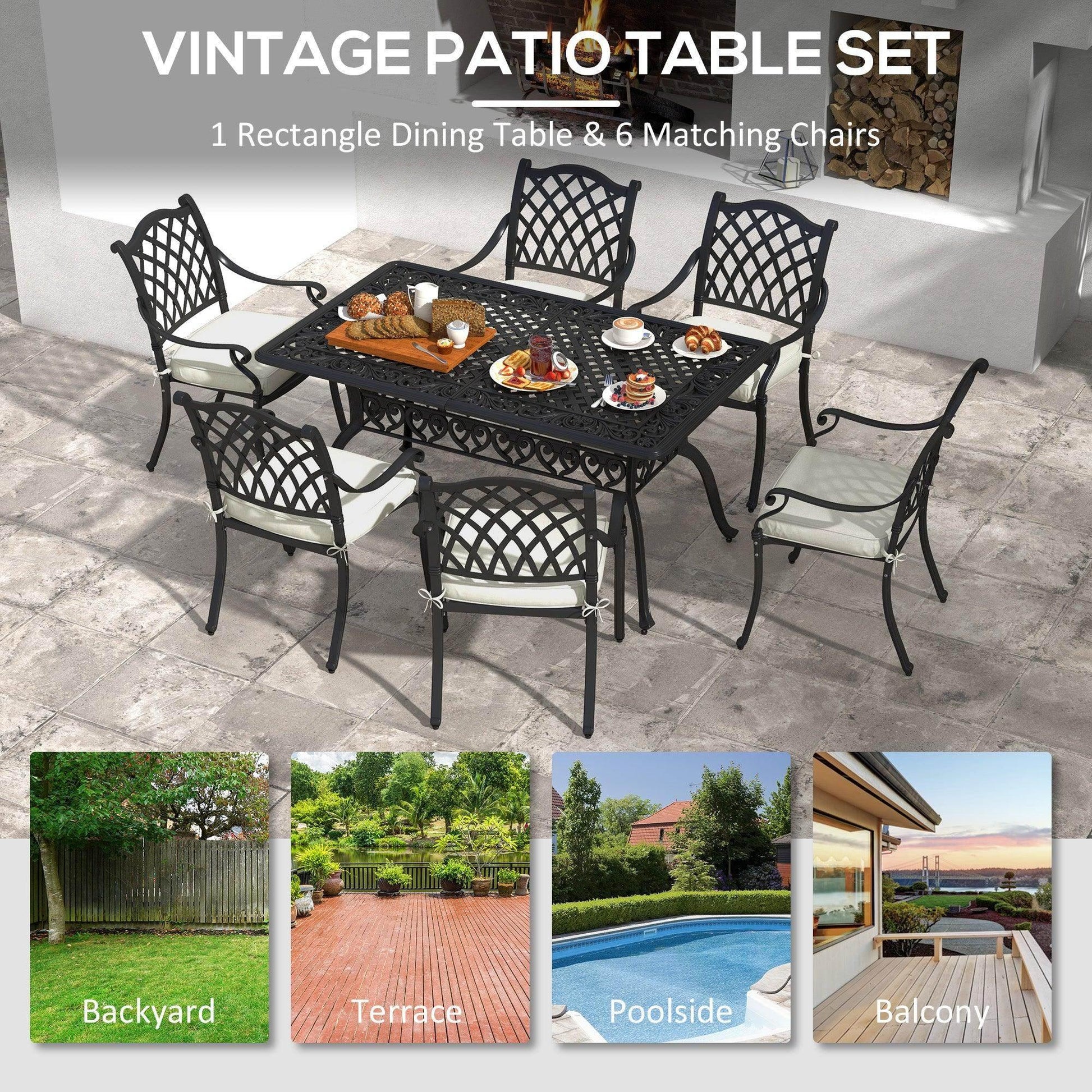 Outsunny 7 Pieces Aluminium Patio Dining Set with Umbrella Hole Black - ALL4U RETAILER LTD
