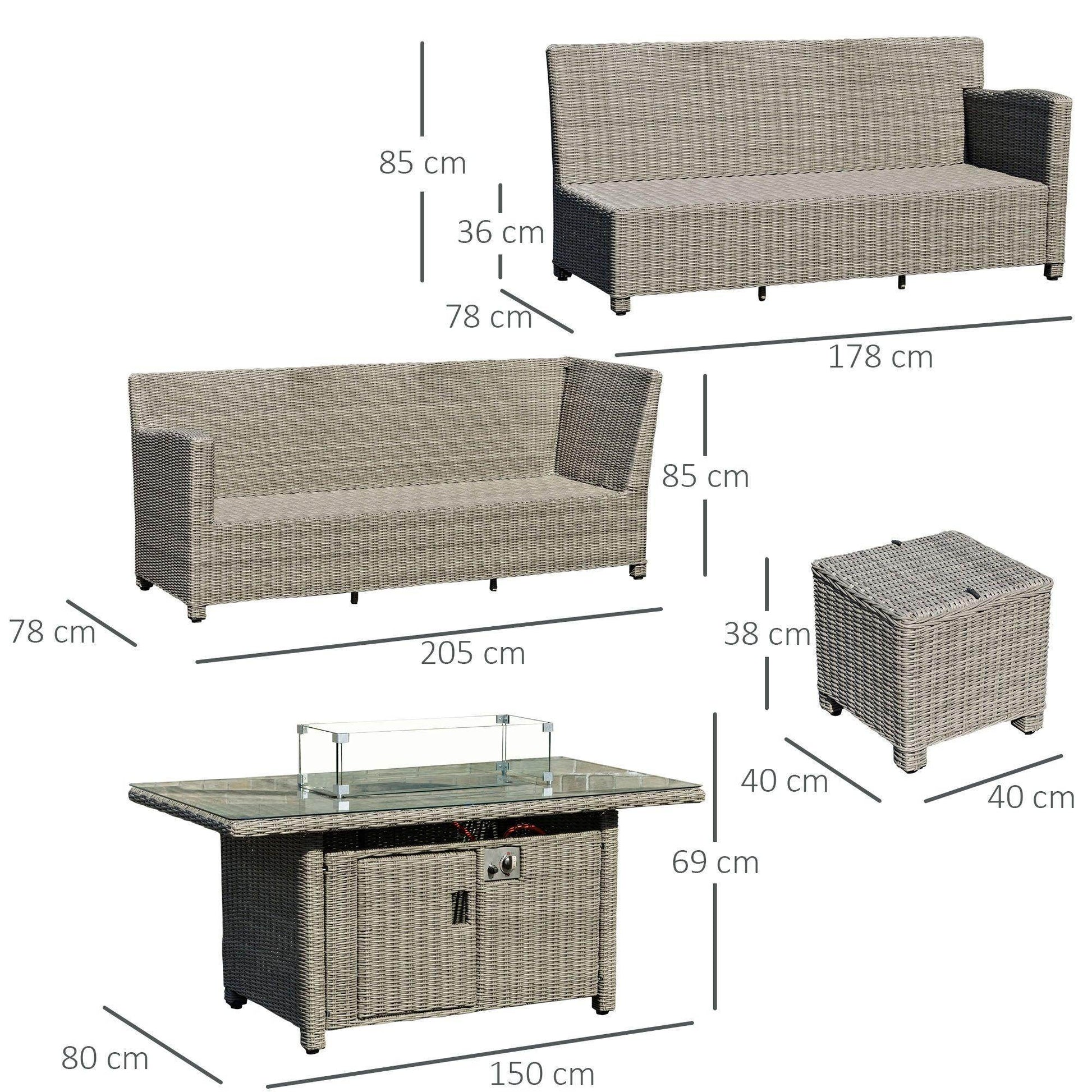 Outsunny 8-Seater Outdoor Rattan Sofa Set with Fire Pit Table - ALL4U RETAILER LTD