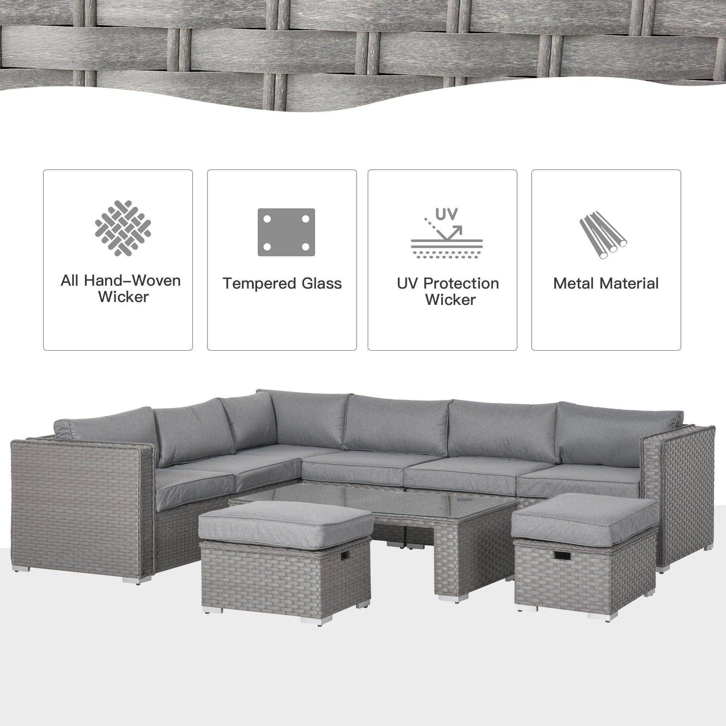 Outsunny 8-Seater Rattan Outdoor Sofa Set - Grey - ALL4U RETAILER LTD