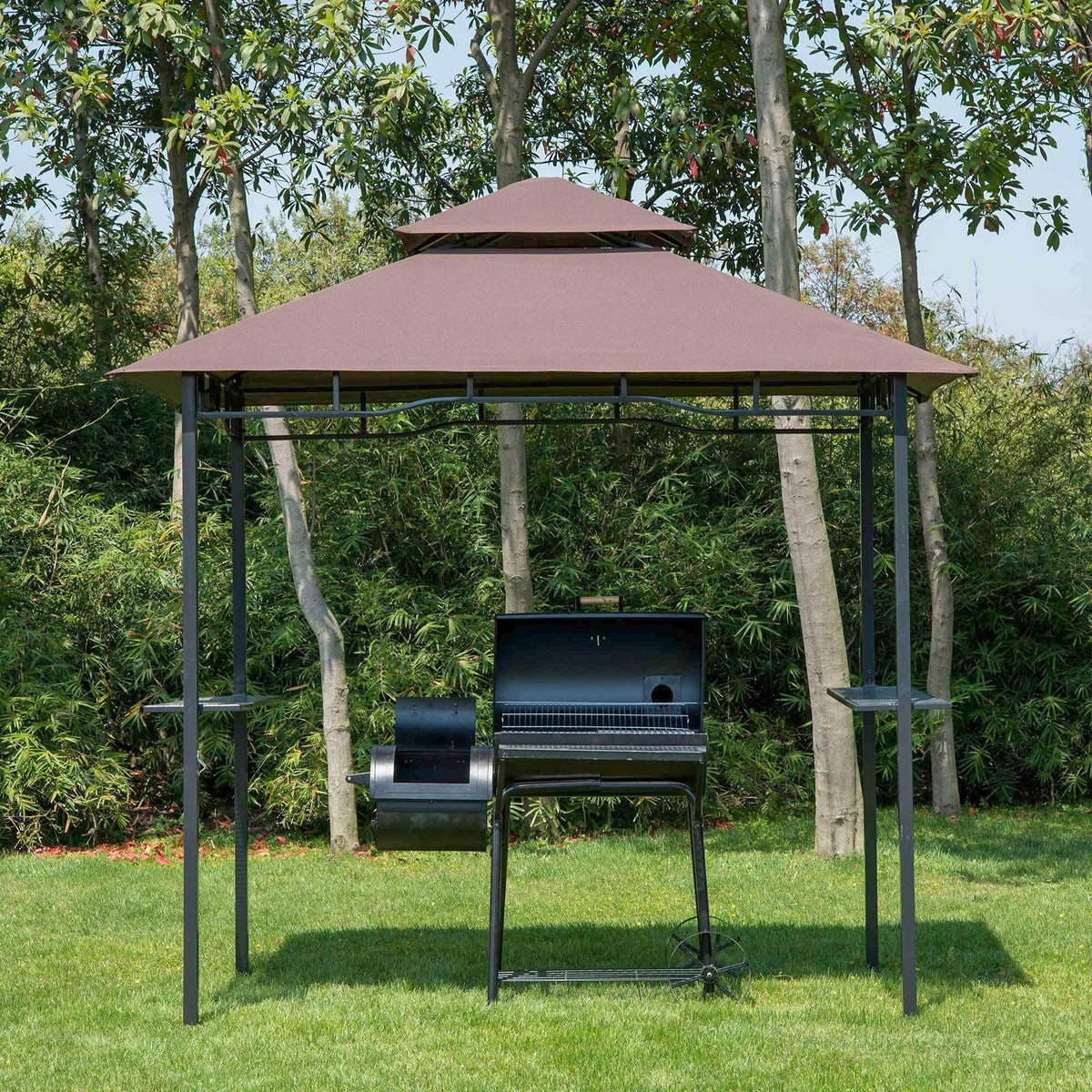 Brown canopy gazebo with side shelves sheltering a black grill in a lush garden setting