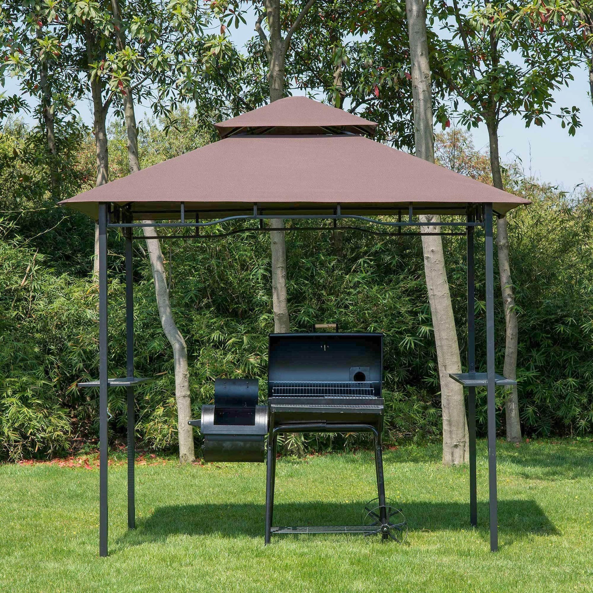 8ft double-tier coffee brown BBQ gazebo shelter with black charcoal grill on green lawn