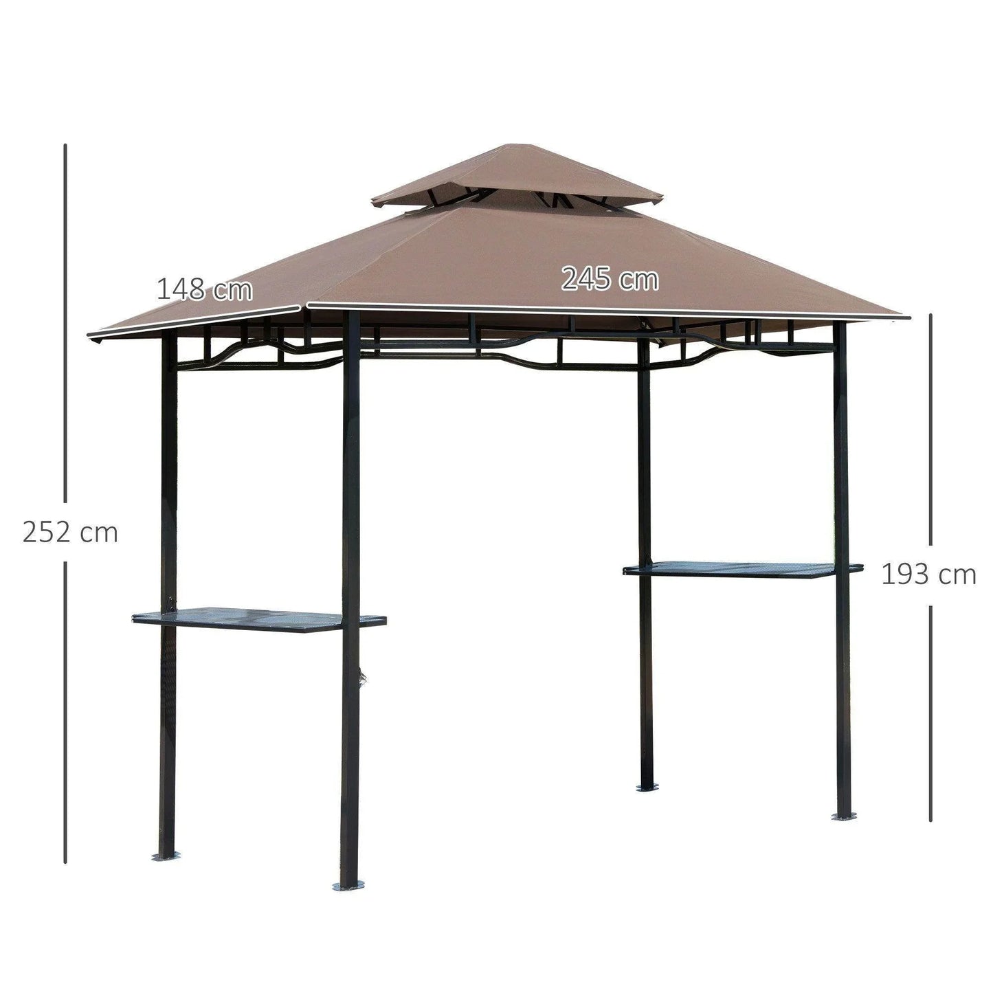 8ft double-tier BBQ gazebo shelter with coffee brown canopy and black metal frame with side shelves
