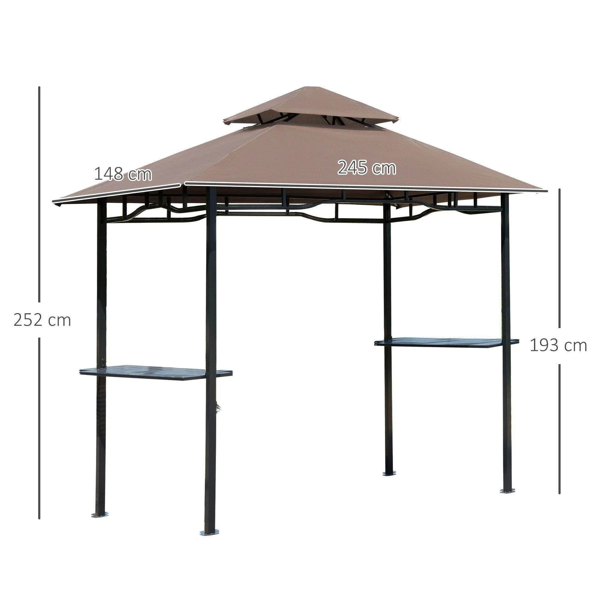 8ft double-tier BBQ gazebo shelter with coffee brown canopy and black metal frame with side shelves