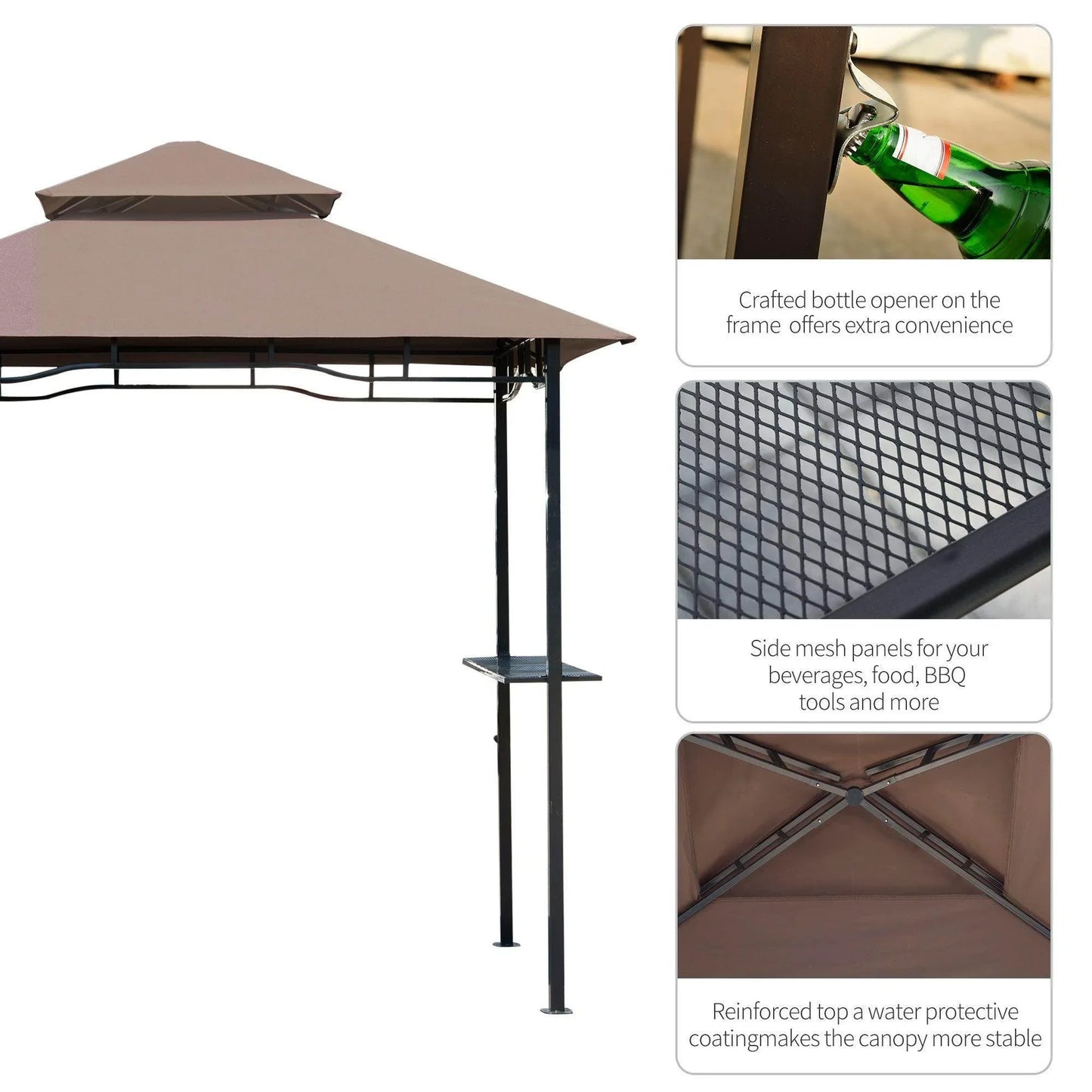 8ft double-tier coffee-colored BBQ gazebo with crafted bottle opener, side mesh panels, and reinforced canopy