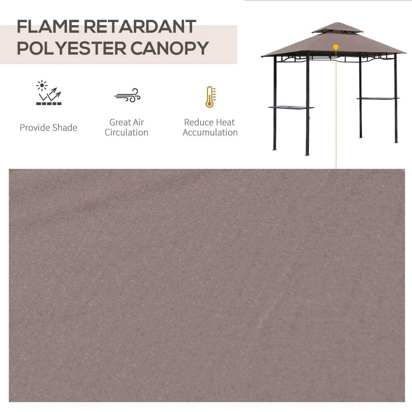 8ft double-tier BBQ gazebo shelter with flame retardant polyester coffee-colored canopy and black frame