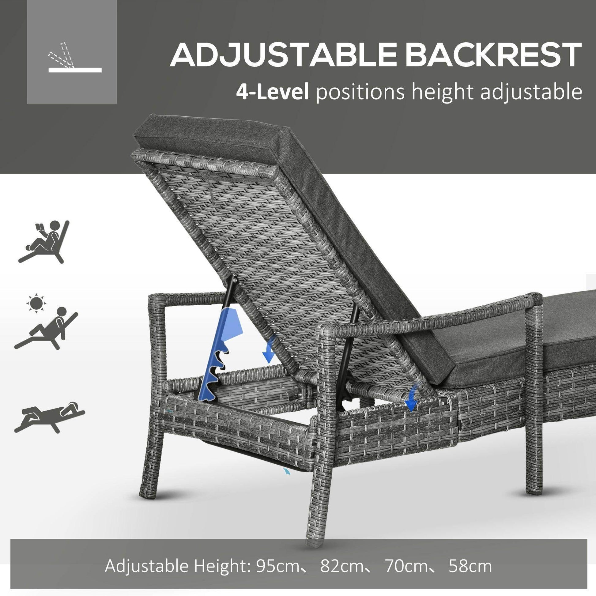 Outsunny Adjustable Rattan Sun Lounger - Elegant Grey - ALL4U RETAILER LTD