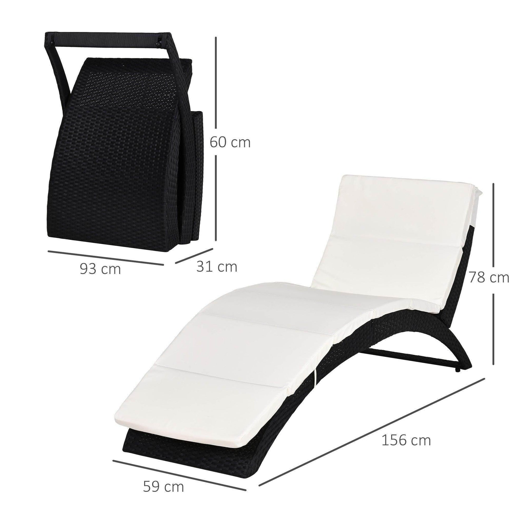 Black PE rattan sun lounger with white cushion, foldable design, and dimensions shown.