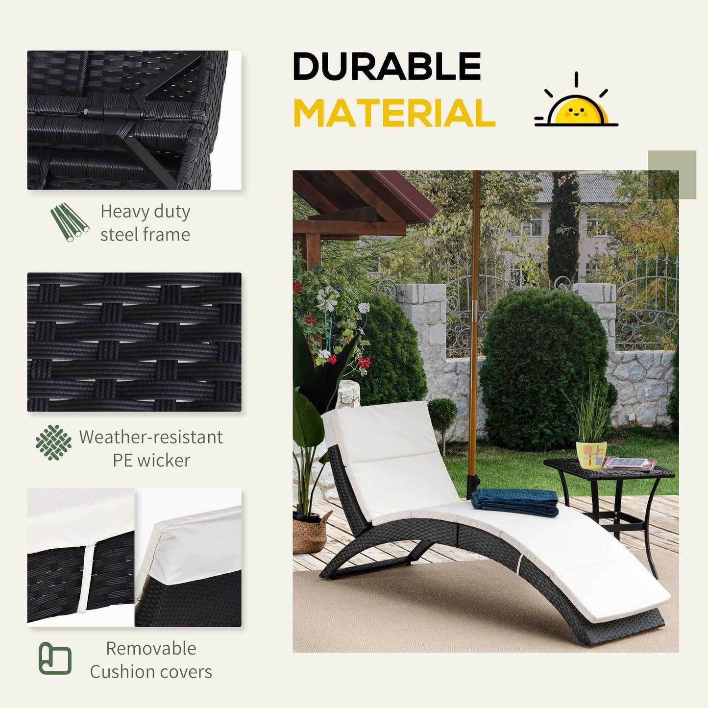 Black PE rattan sun lounger with white cushions on patio, weather-resistant, ALL4U RETAILER LTD