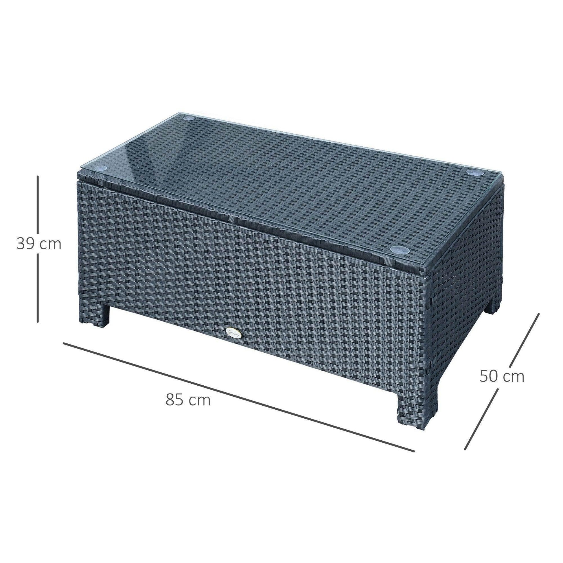 Black rattan coffee table with glass top and measurements, outdoor garden furniture