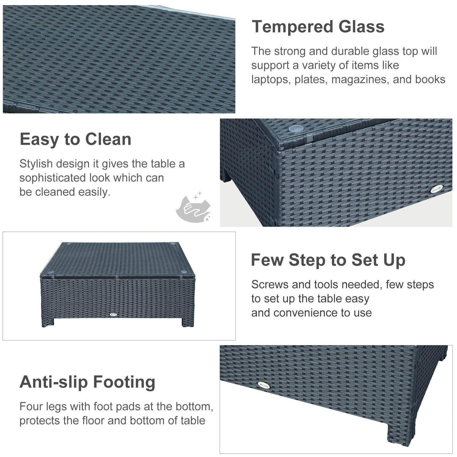Black rattan coffee table with tempered glass top, easy to clean, anti-slip legs, ALL4U RETAILER LTD