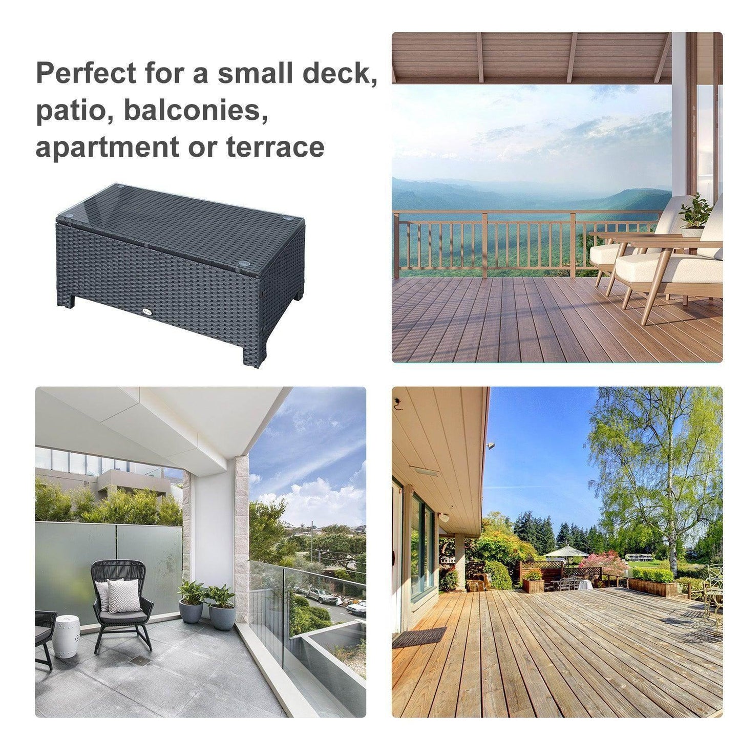 Black rattan coffee table with glass top on various decks, patios, balconies and terraces