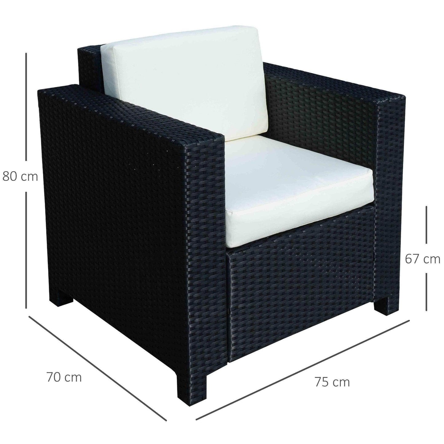Black rattan single sofa armchair with white cushions, measuring 80cm high, 70cm deep, 75cm wide