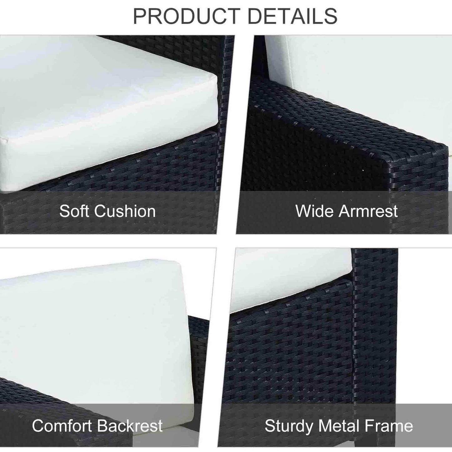 Black rattan single sofa armchair with soft white cushions, wide armrest, comfort backrest, and sturdy metal frame