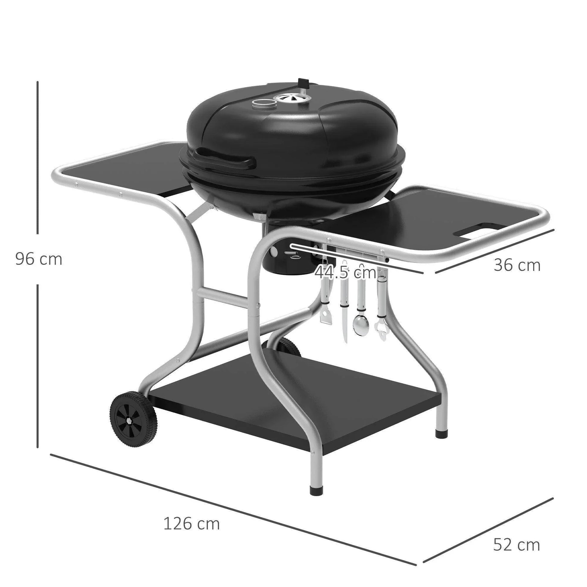 Black charcoal grill trolley with wheels, side shelves, utensil hooks, and lower storage shelf in silver frame